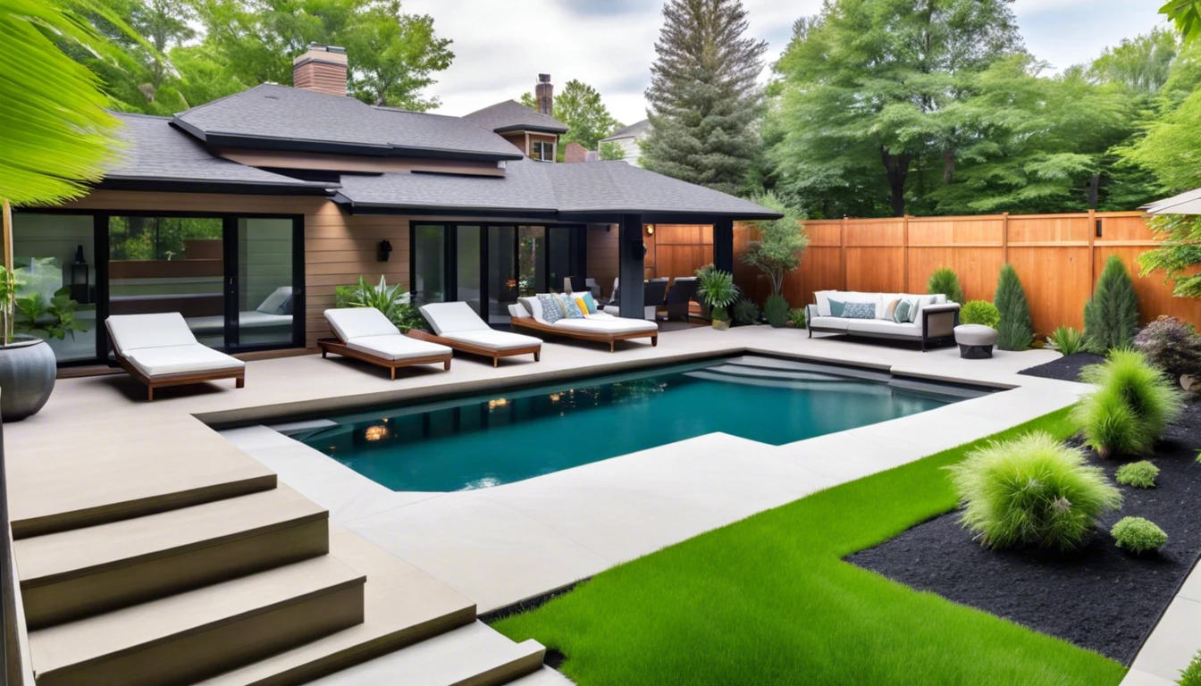 Lush backyard garden oasis with modern pool, None