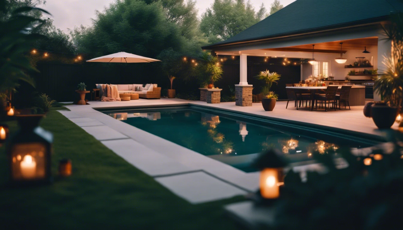 Cozy backyard oasis with a pool, outdoor kitchen, lush greenery, and ambient lighting at dusk