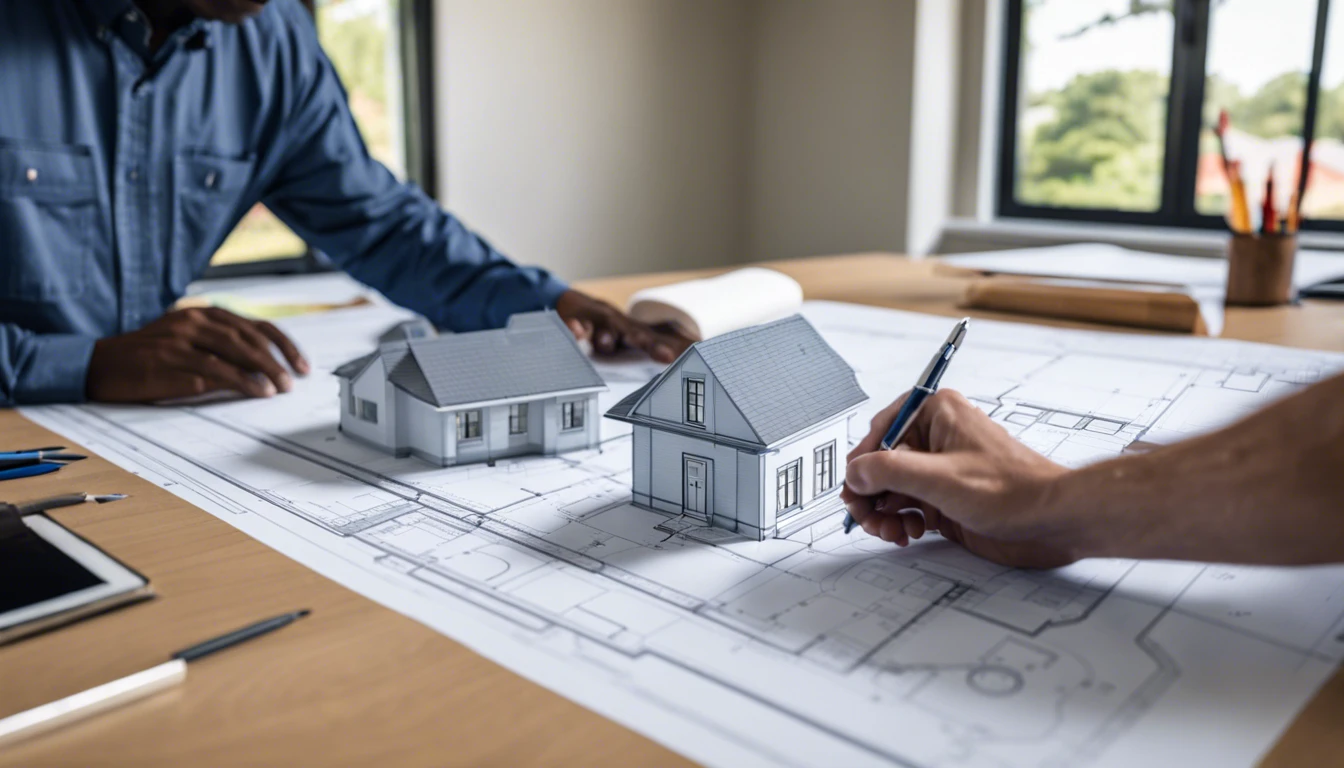 A person studying zoning codes and building setbacks on a blueprint of a property, with an ADU in the background