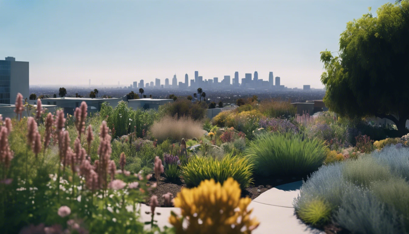 A rain garden in Culver City filled with native plants, absorbing rainwater, with a backdrop of the city and clear blue sky