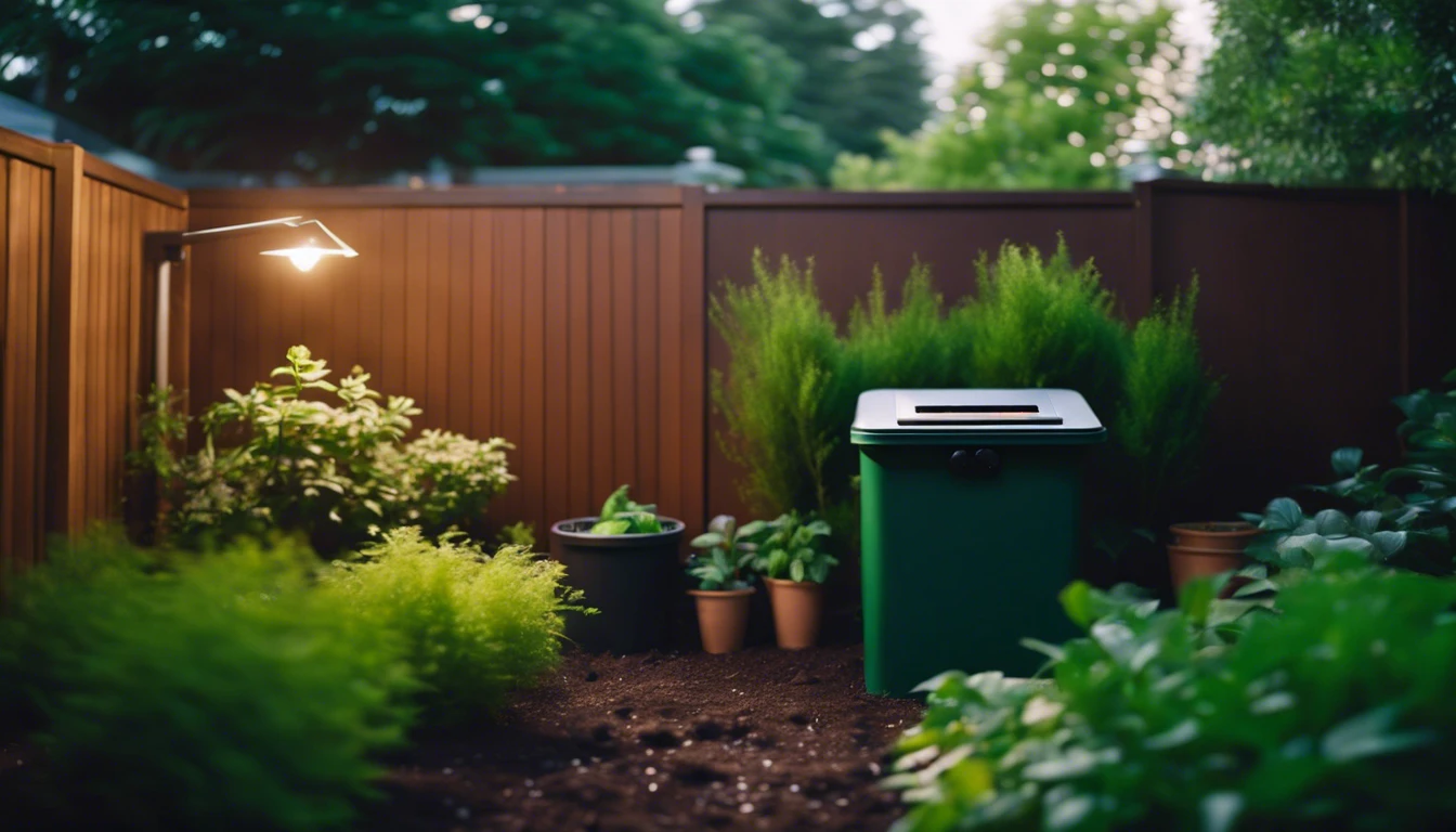 Lush green backyard with solar lights and compost bin, None