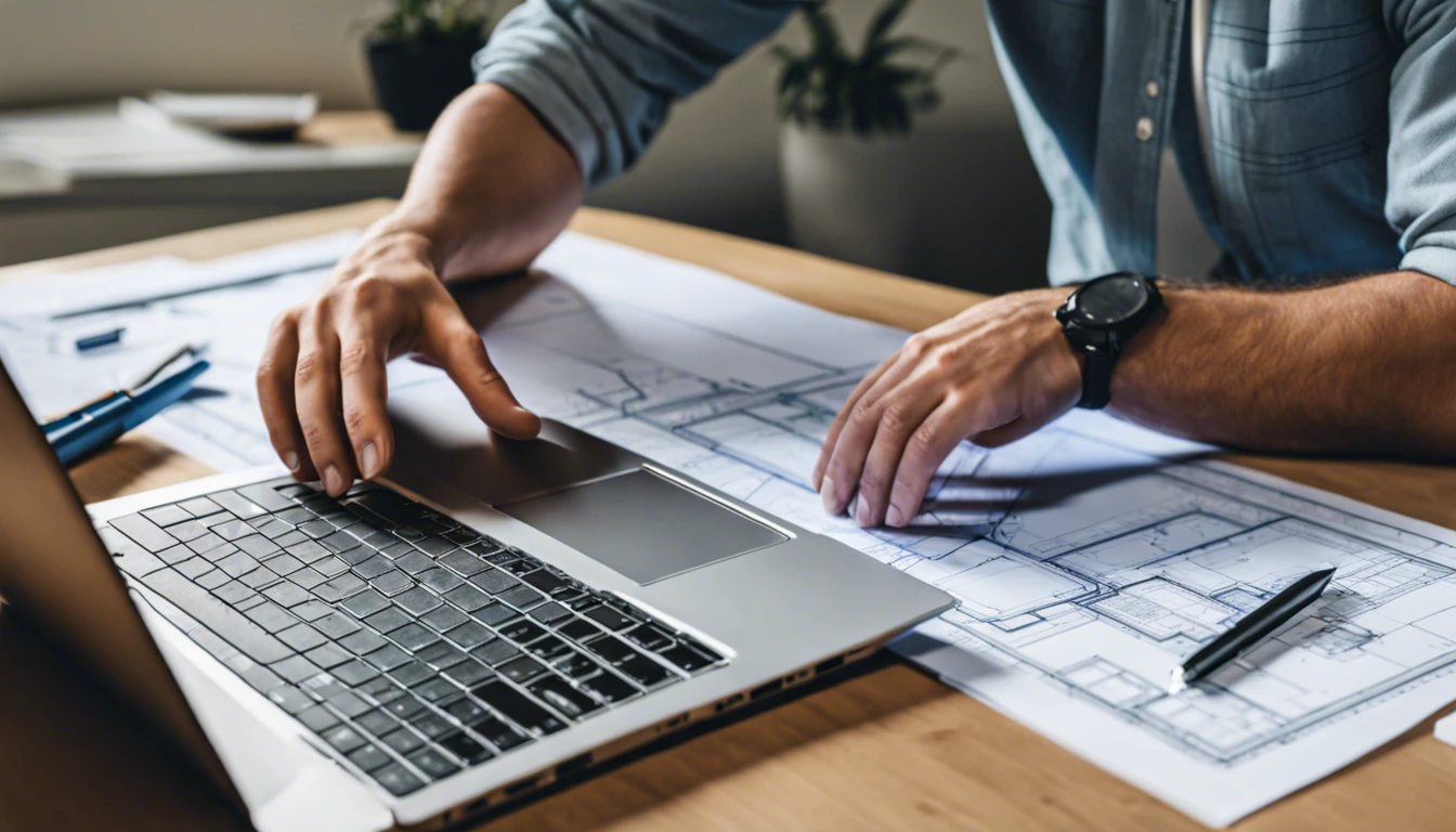 A person evaluating their finances and home equity on a laptop, and making plans for an ADU project with blueprint drawings.