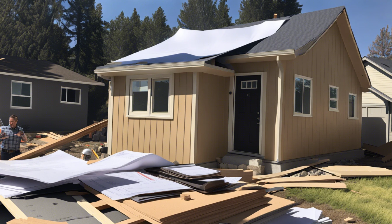 A small ADU being constructed next to a larger home, with financial documents and legal papers in the foreground