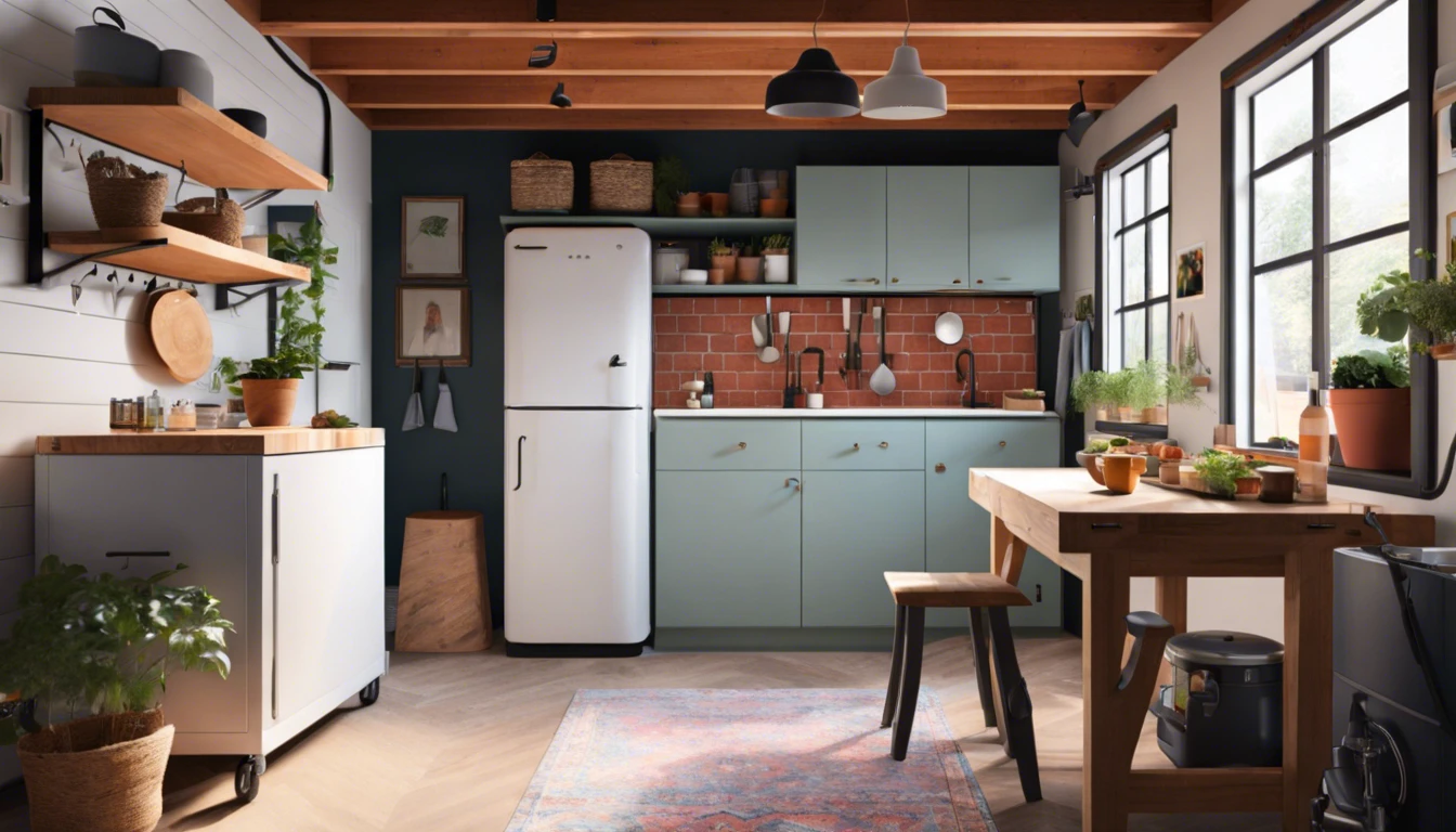 A garage being transformed into a cozy Airbnb with a compact kitchenette, upgraded bathroom and a workspace with high-speed Wi-Fi