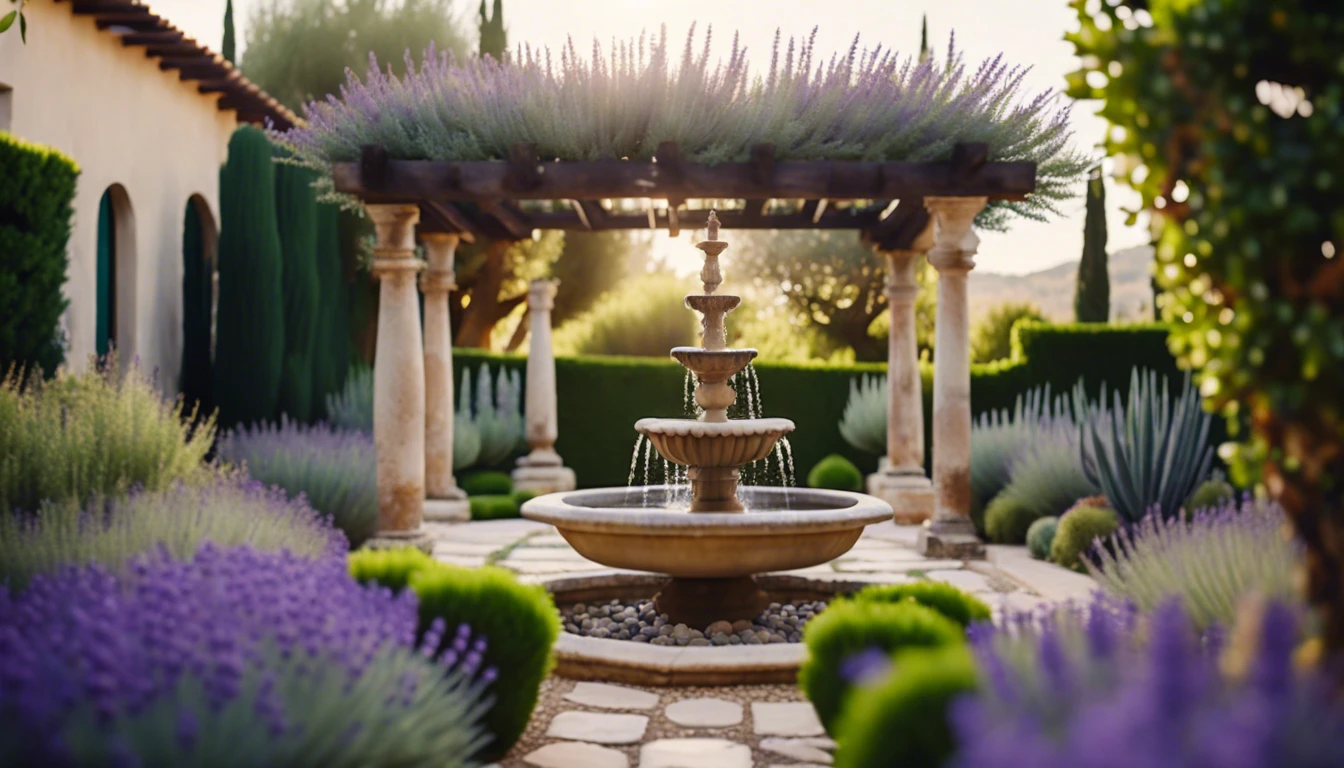 A lush Mediterranean garden with lavender, rosemary, sage, succulents, a simple fountain, surrounded by natural stone paths, under a pergola shaded by flowering climbers