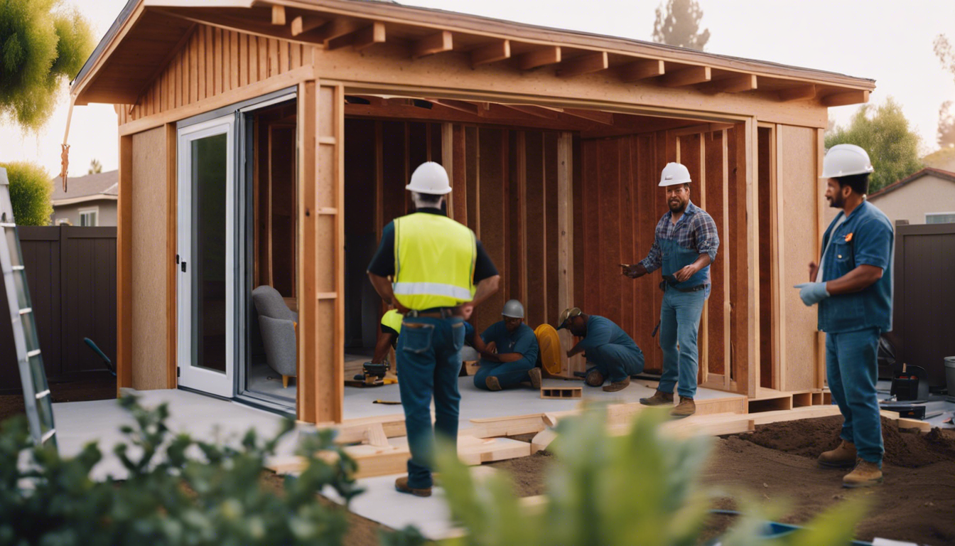 A cozy detached guest house in the backyard of a suburban home, with construction workers finalizing details, showcasing the flexibility and value of ADU construction in Van Nuys