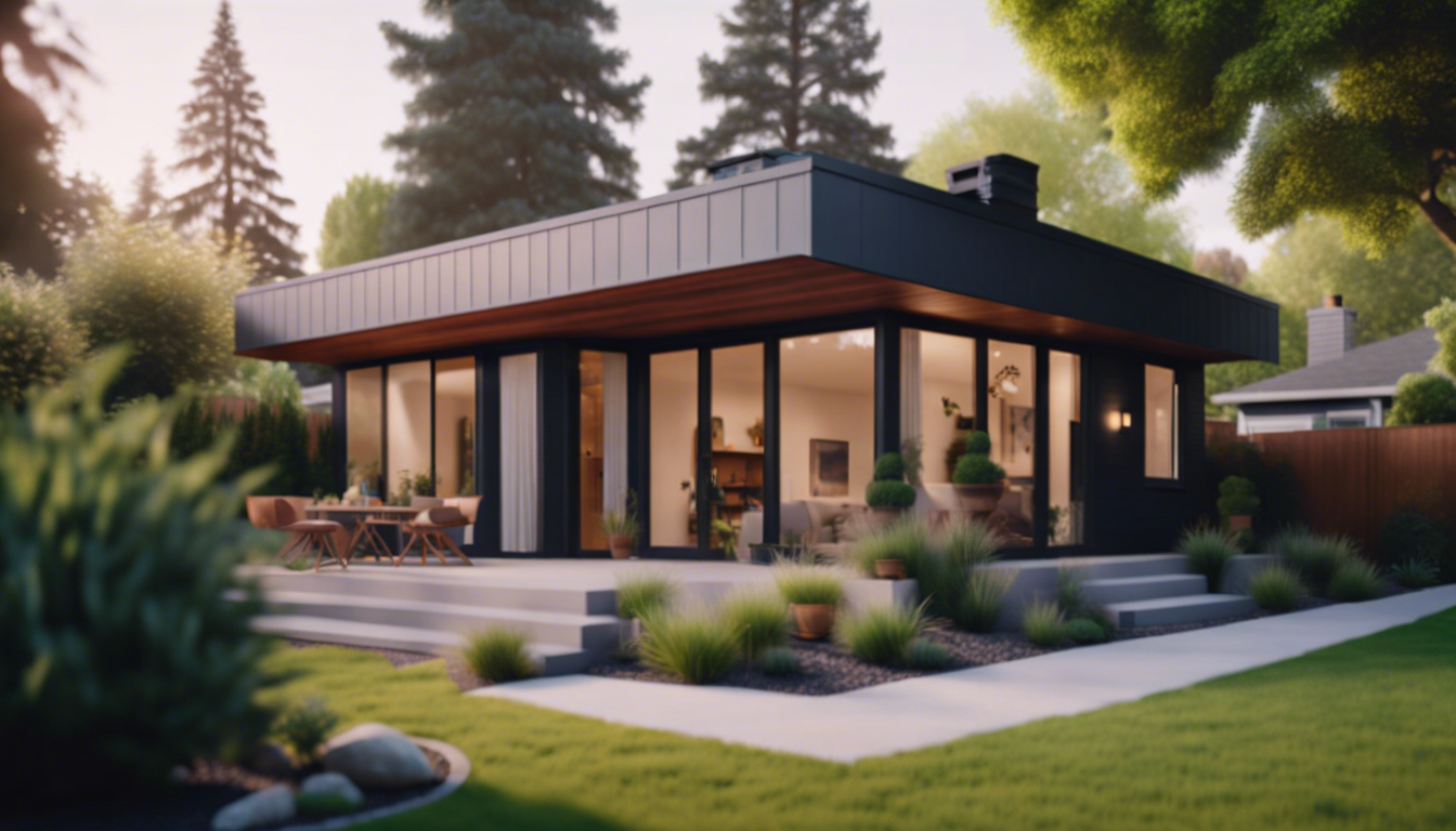 Modern accessory dwelling unit in a lush backyard of a suburban home, illustrating increased property value and potential for rental income