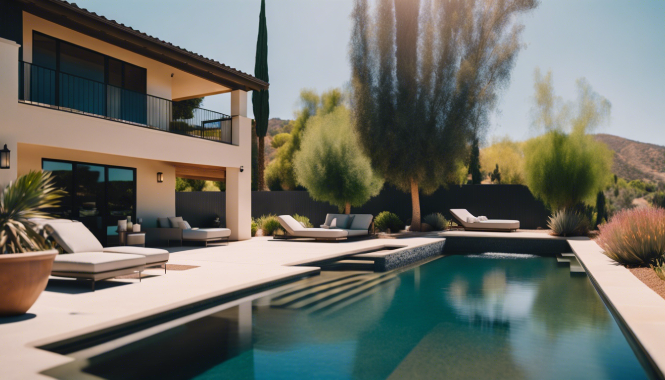 Luxurious backyard pool and spa with drought-tolerant landscaping, under the clear summer sky of Calabasas