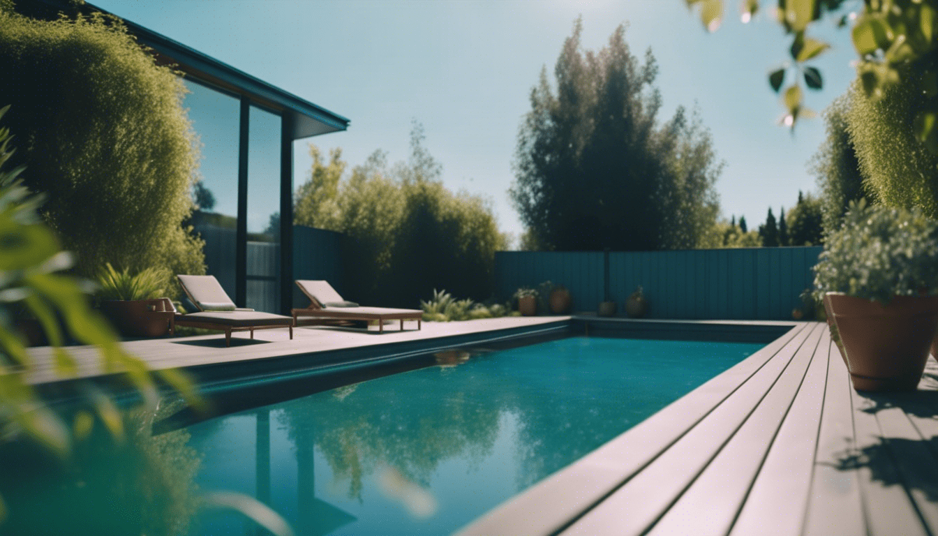 A modern backyard pool surrounded by a safety barrier and green plants, with energy-efficient features and a clear blue sky above