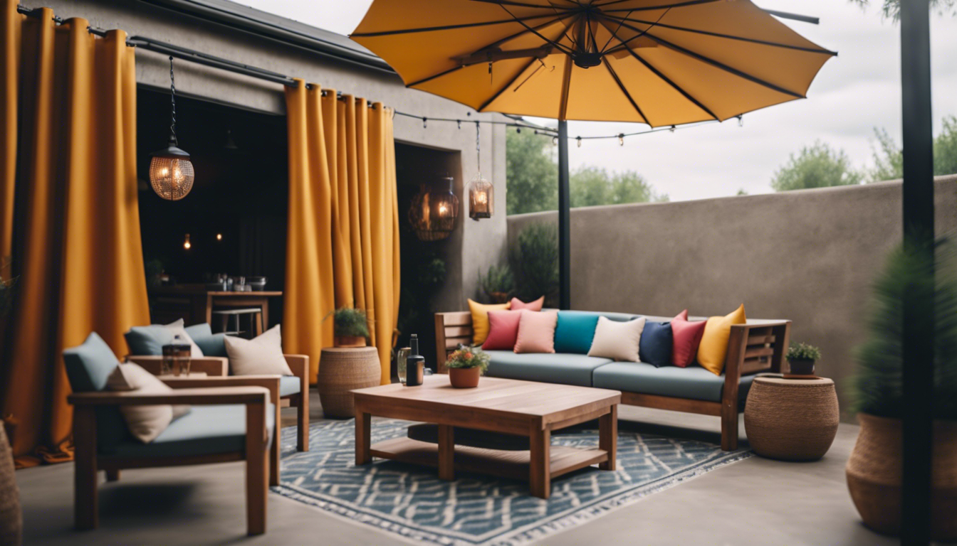 Cozy concrete patio with symmetrical furniture setup, café lights, rustic wooden accents, colorful outdoor curtains, and a large umbrella