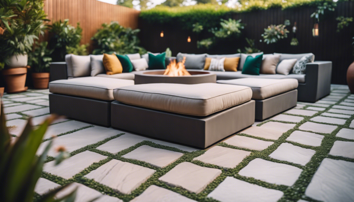 Aesthetic outdoor patio with durable pavers in various designs and colors, surrounded by lush greenery, highlighting flexibility and low maintenance