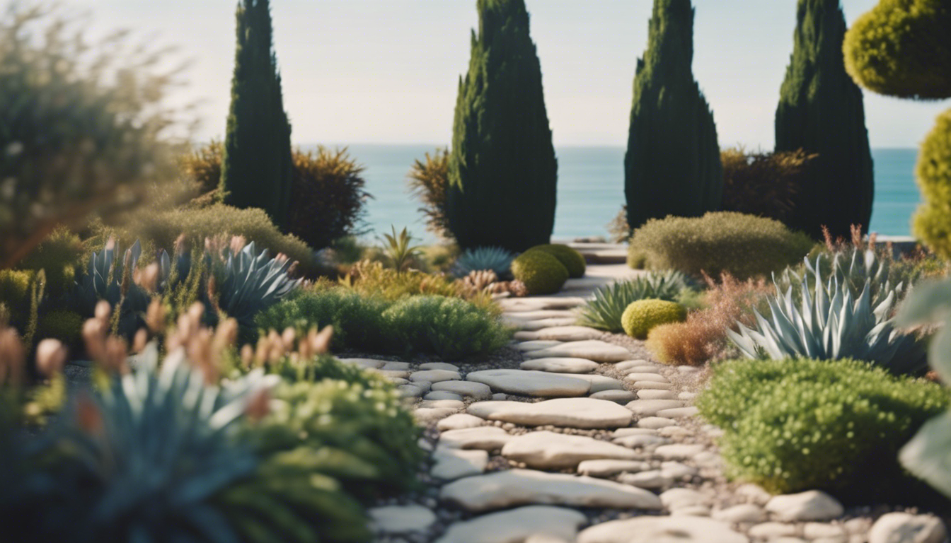 Coastal garden with elegant stone pathways