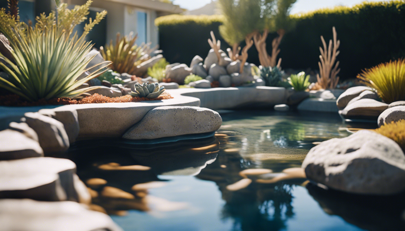 Coastal garden with concrete pavers, rock walls, and salt-tolerant plants under a bright sun, featuring a serene water feature and driftwood sculptures