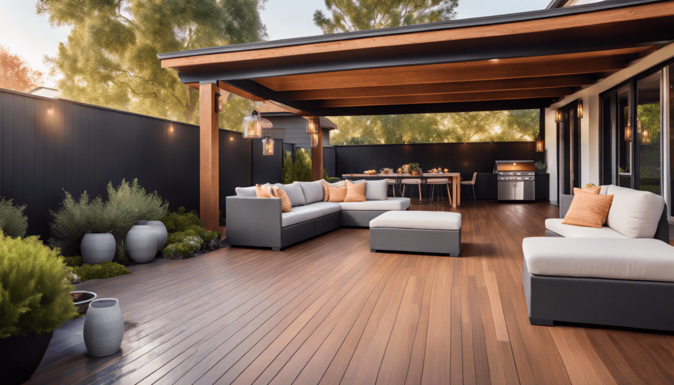 Seamless indoor-outdoor living space with consistent flooring, a deck matching the home's style, outdoor kitchen, garden pathways, and eco-friendly hardscaping materials