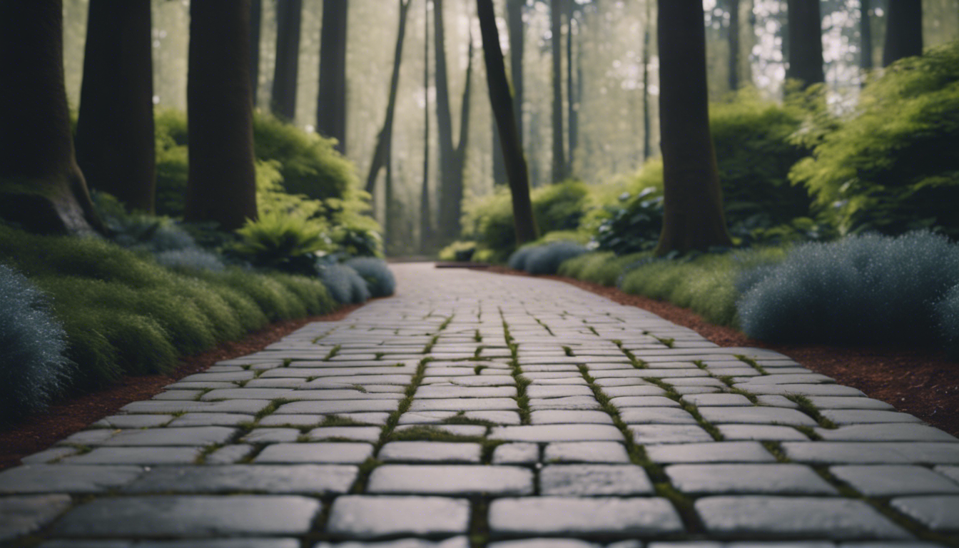 Pavers and concrete pathway through lush woodland