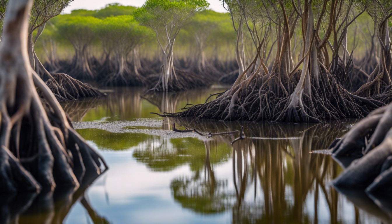 Eco-friendly hardscaping materials integrating into a coastal ecosystem with mangroves, tidal marshes, and a clear emphasis on sustainability