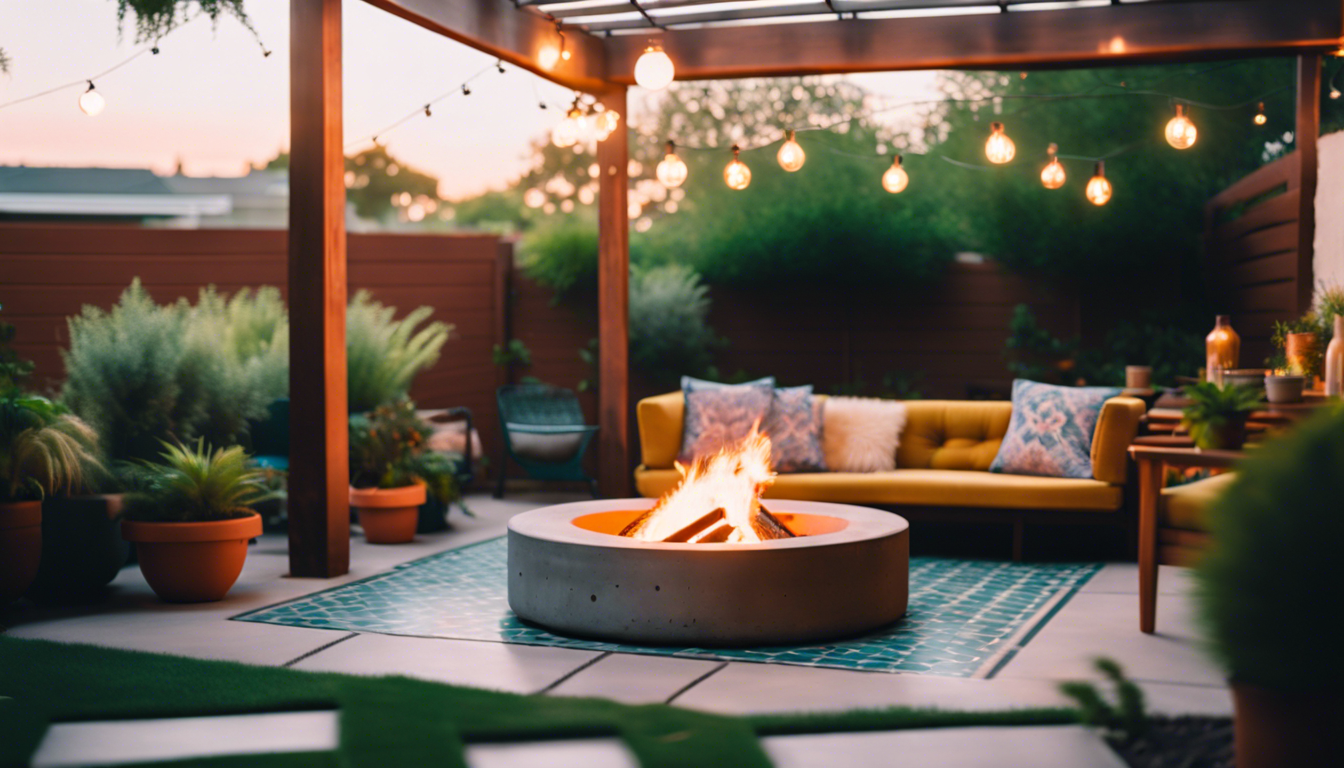 A cozy, transformed concrete patio with eclectic secondhand furniture, soft lighting, lush green plants, colorful tiles, and a built-in fire pit