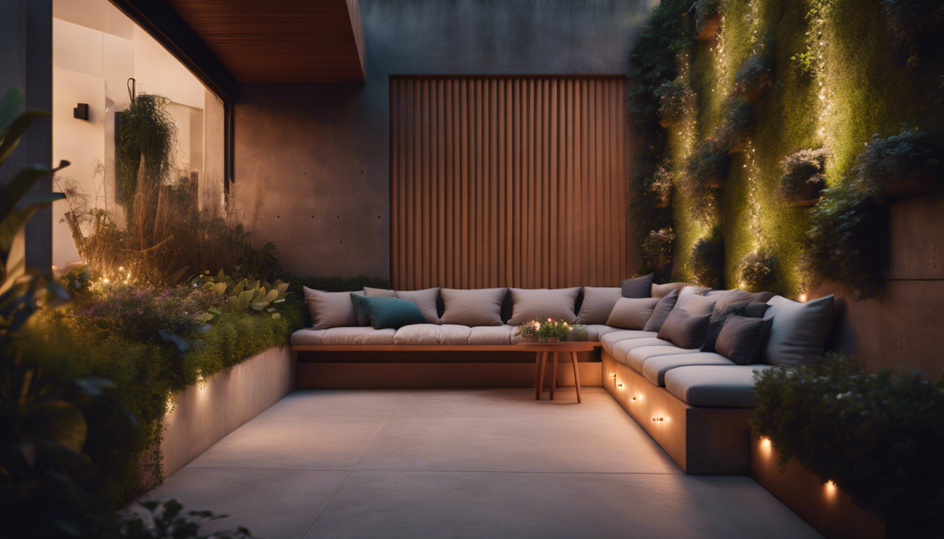 Compact outdoor Venice space with versatile concrete finishes, multifunctional built-in seating, vertical gardens, and cozy evening lighting