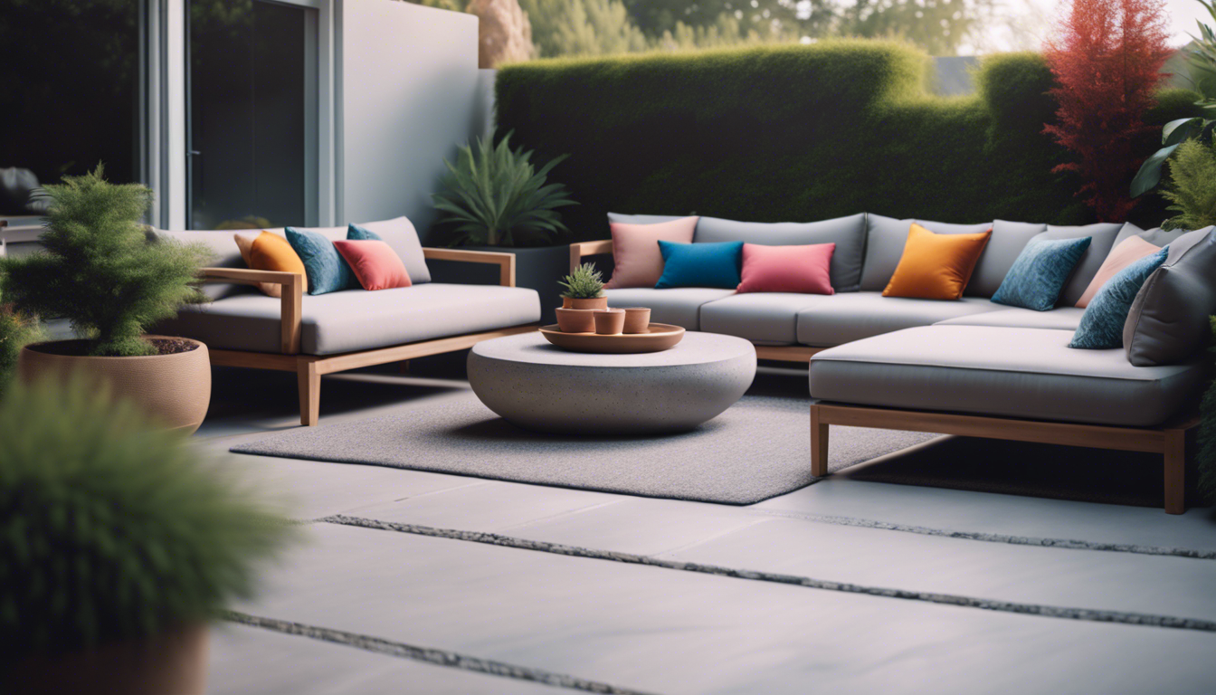 Contemporary concrete patio with sleek furniture, vibrant outdoor cushions, and integrated natural elements like stone and plants