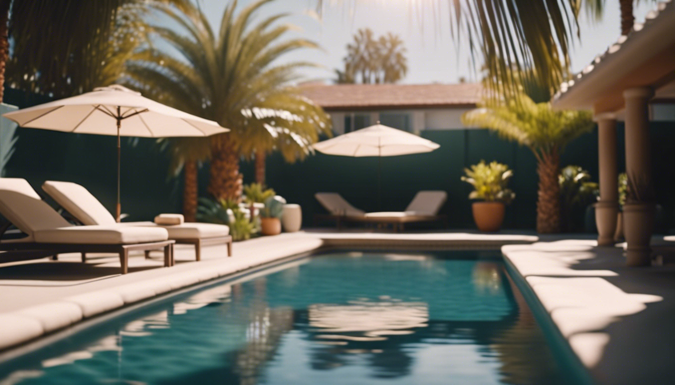 A sparkling clean pool with a spa on a sunny day, surrounded by palm trees, with a pool cooler and a shaded area for equipment