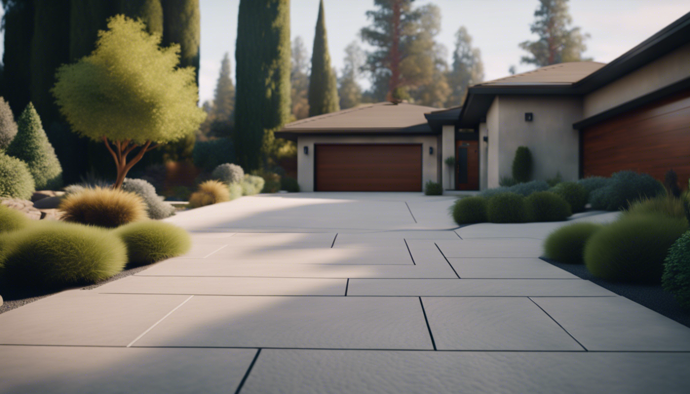 A serene Woodland Hills driveway scene featuring both smooth concrete and textured pavers surrounded by lush greenery