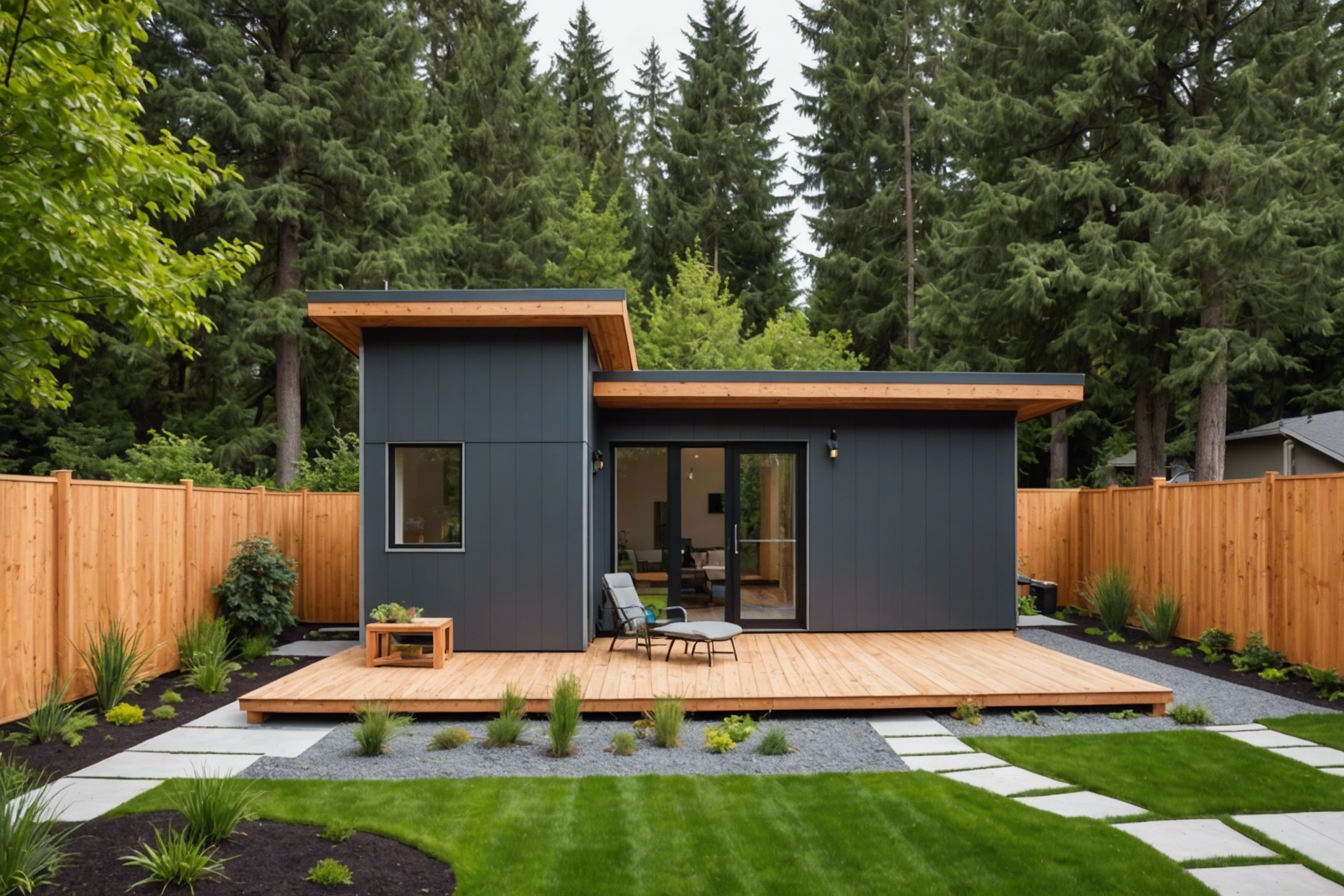 A modern backyard with a partially constructed Accessory Dwelling Unit (ADU), showing diverse building materials and landscaping, with a focus on a serene and organized construction site