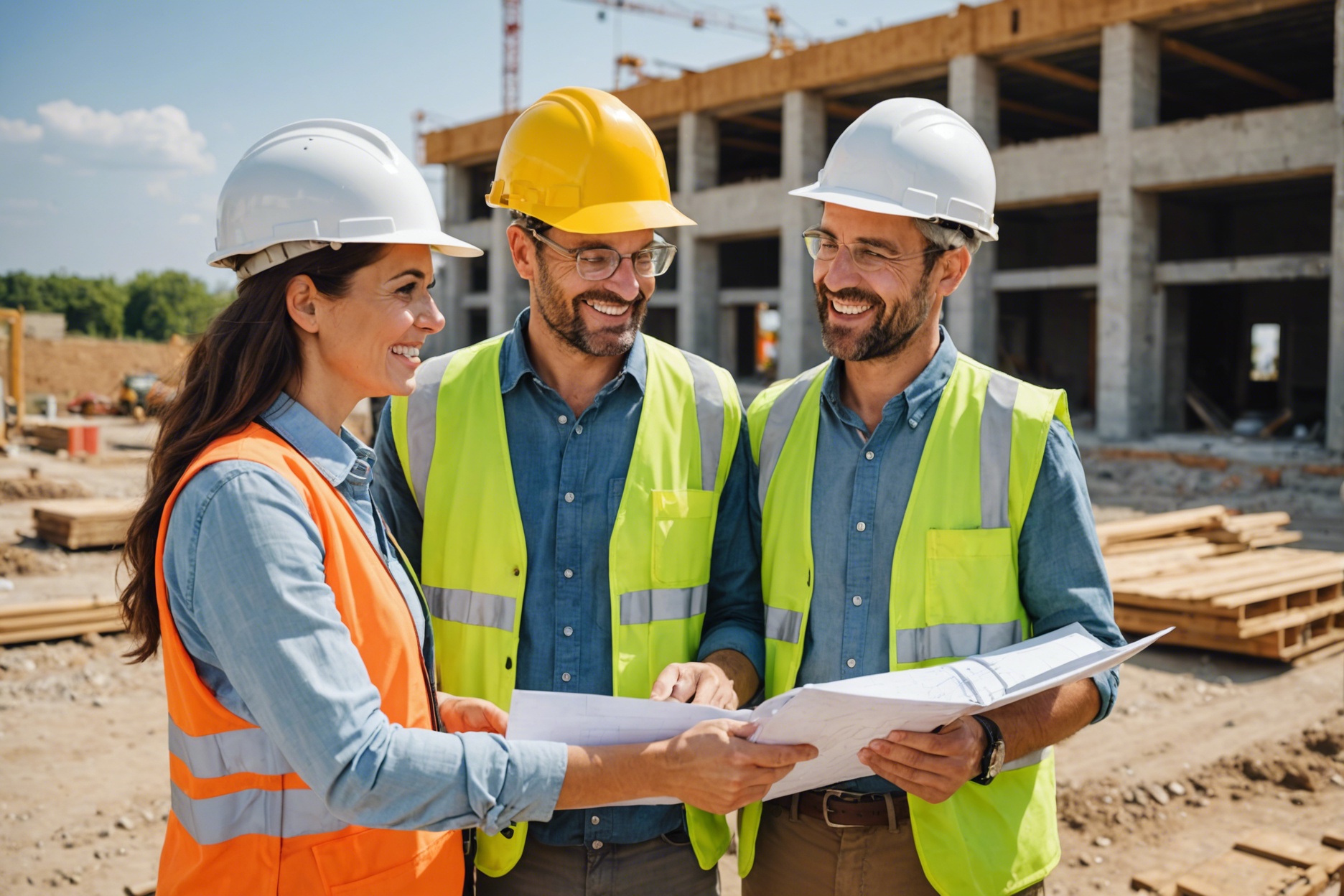 Happy couple discussing plans with architect at construction site