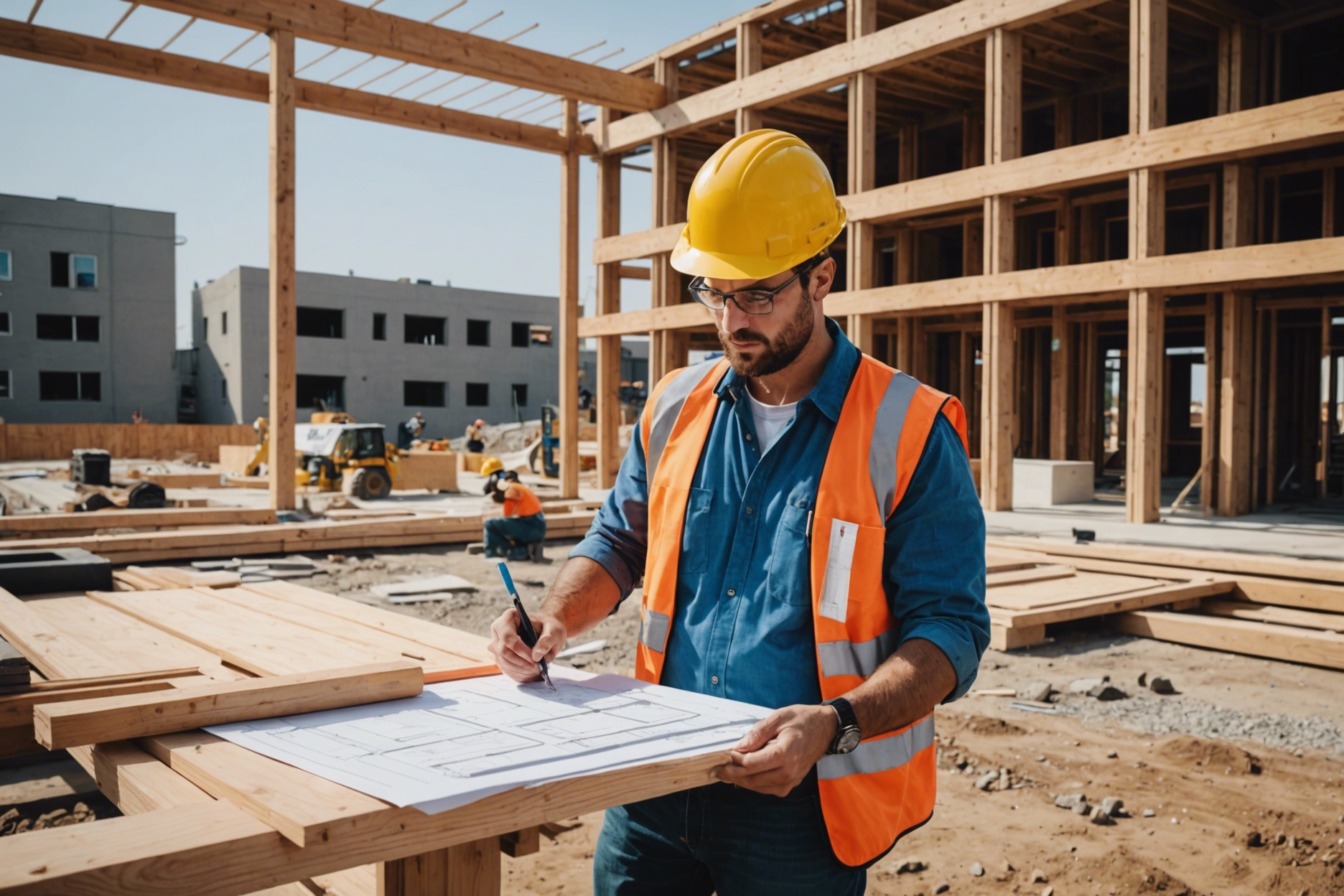 A construction site for an ADU with a professional contractor reviewing blueprints, surrounded by building materials and safety equipment.