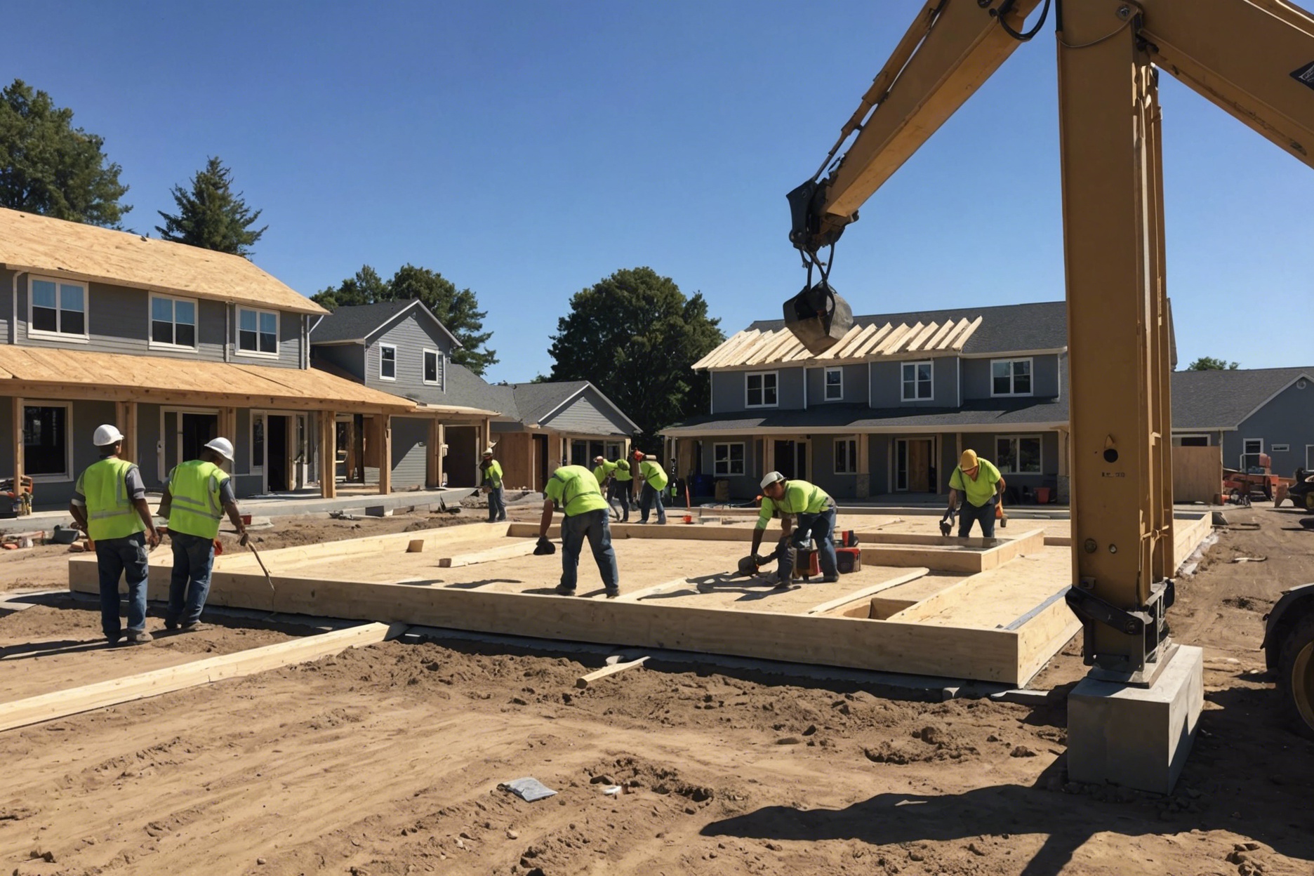 Construction site with workers laying foundation, framing an ADU, and installing a roof under a clear sky