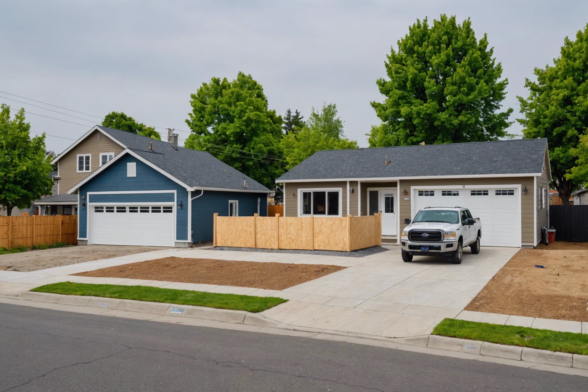 A diverse cityscape showing small detached ADU, attached ADU, and garage conversion under construction with visible permit signs and construction workers