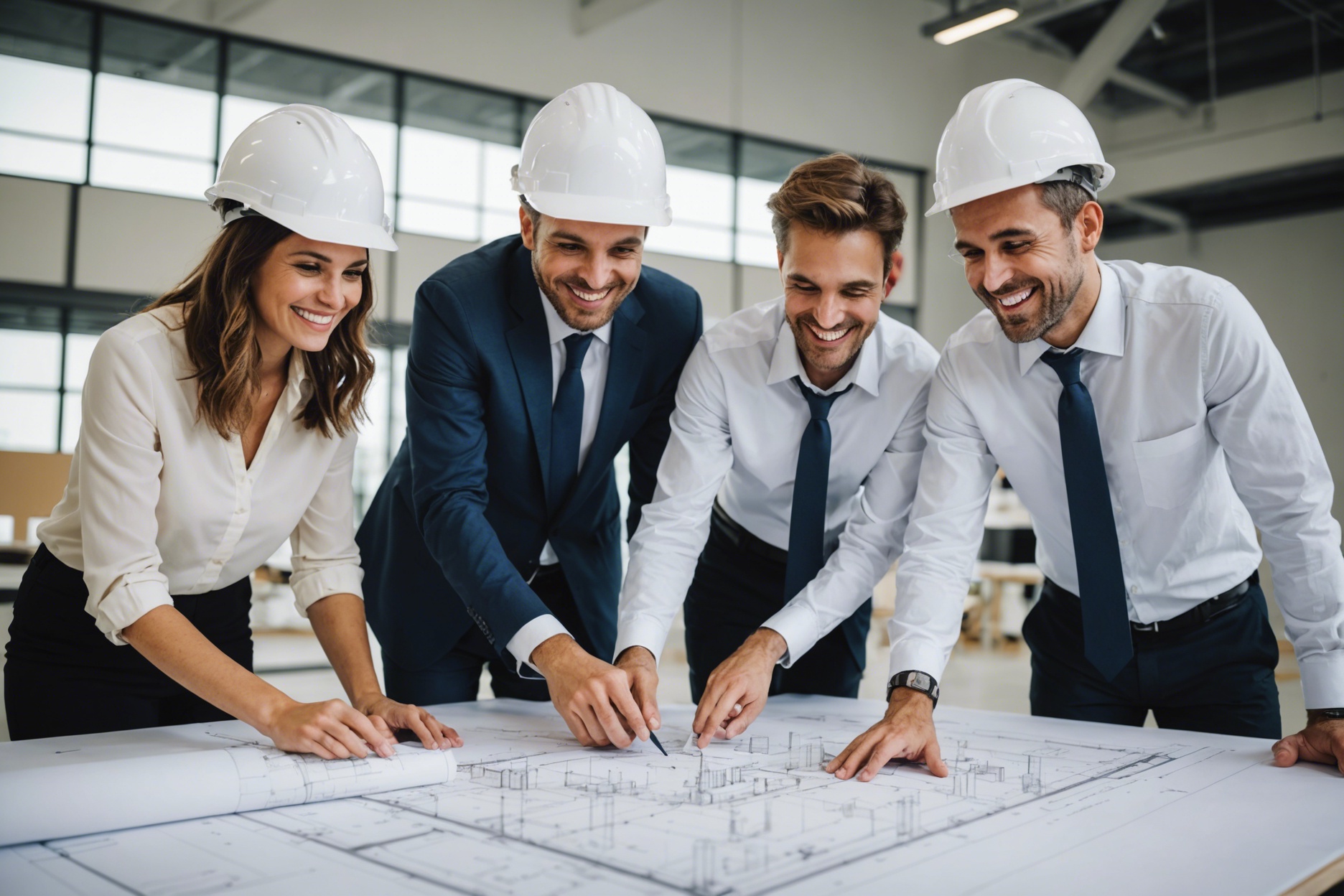 Smiling architects reviewing blueprints