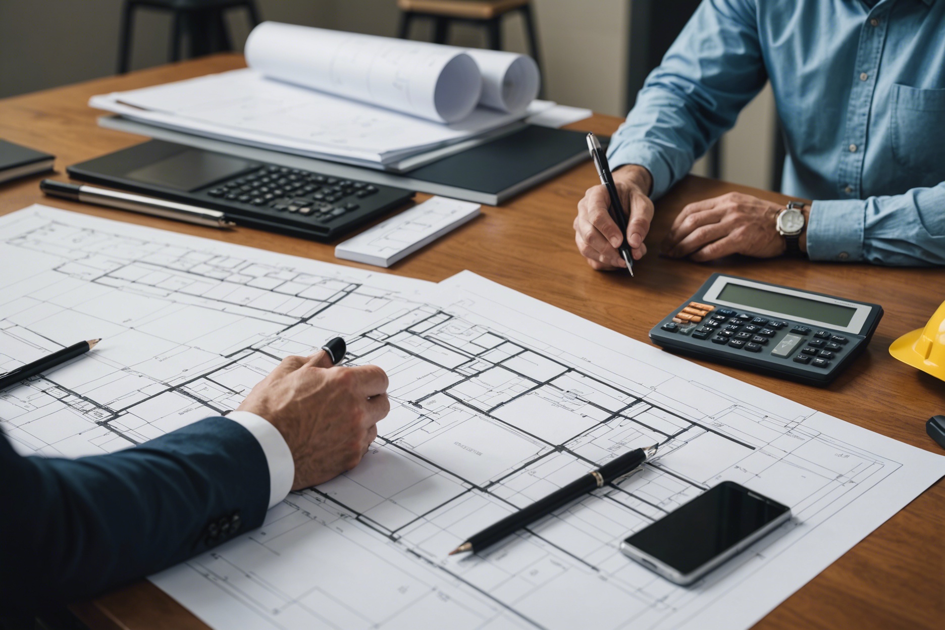 Architect reviewing detailed ADU plans on a desk, with construction blueprints and a calculator nearby