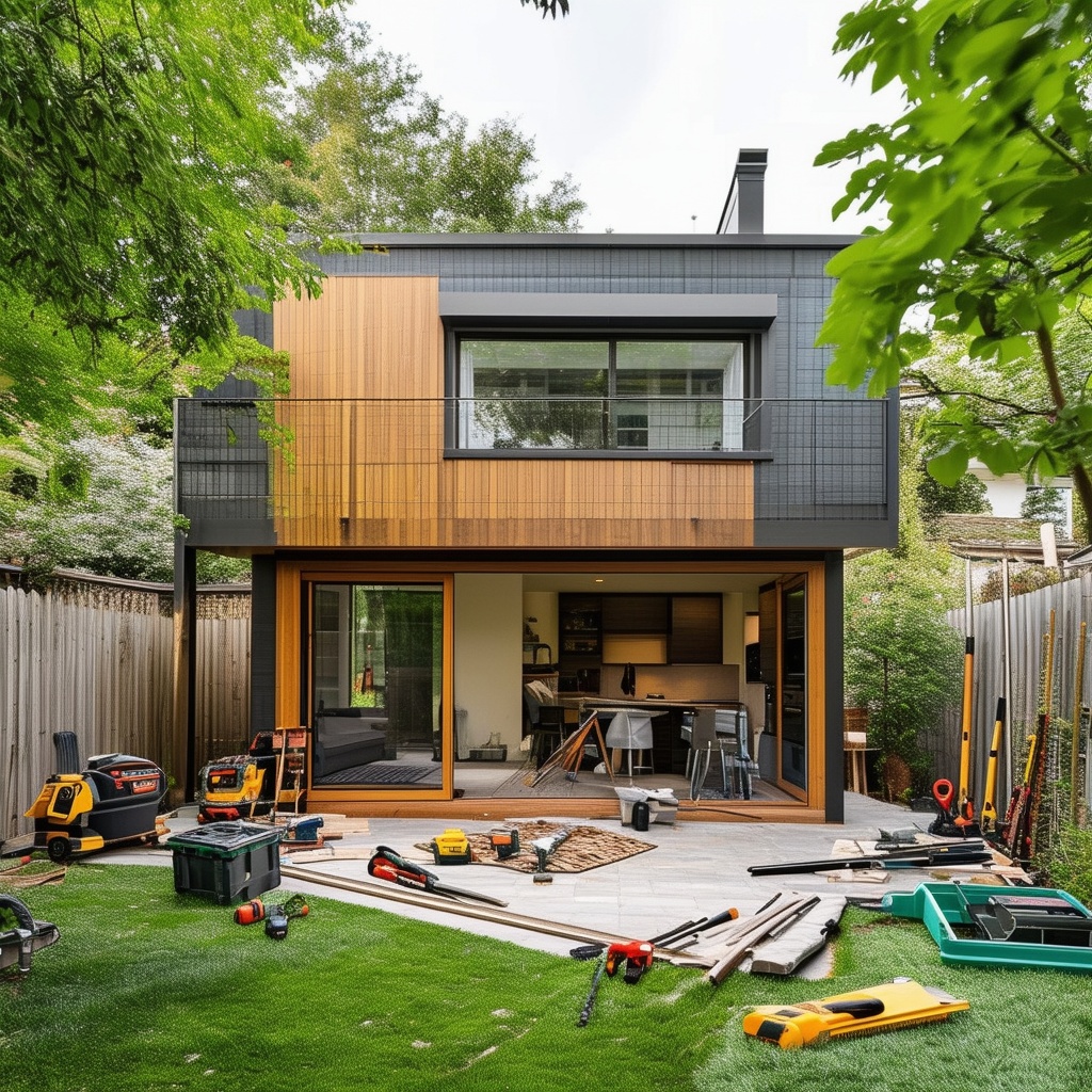 Small, modern backyard home with a main house in the background, surrounded by greenery and construction tools