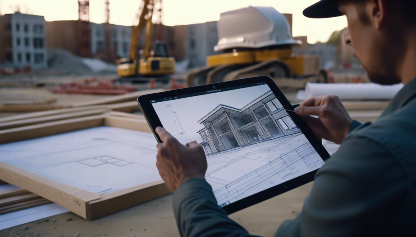 Architect reviewing detailed blueprints for an ADU with a digital tablet, next to a construction site with visible building materials