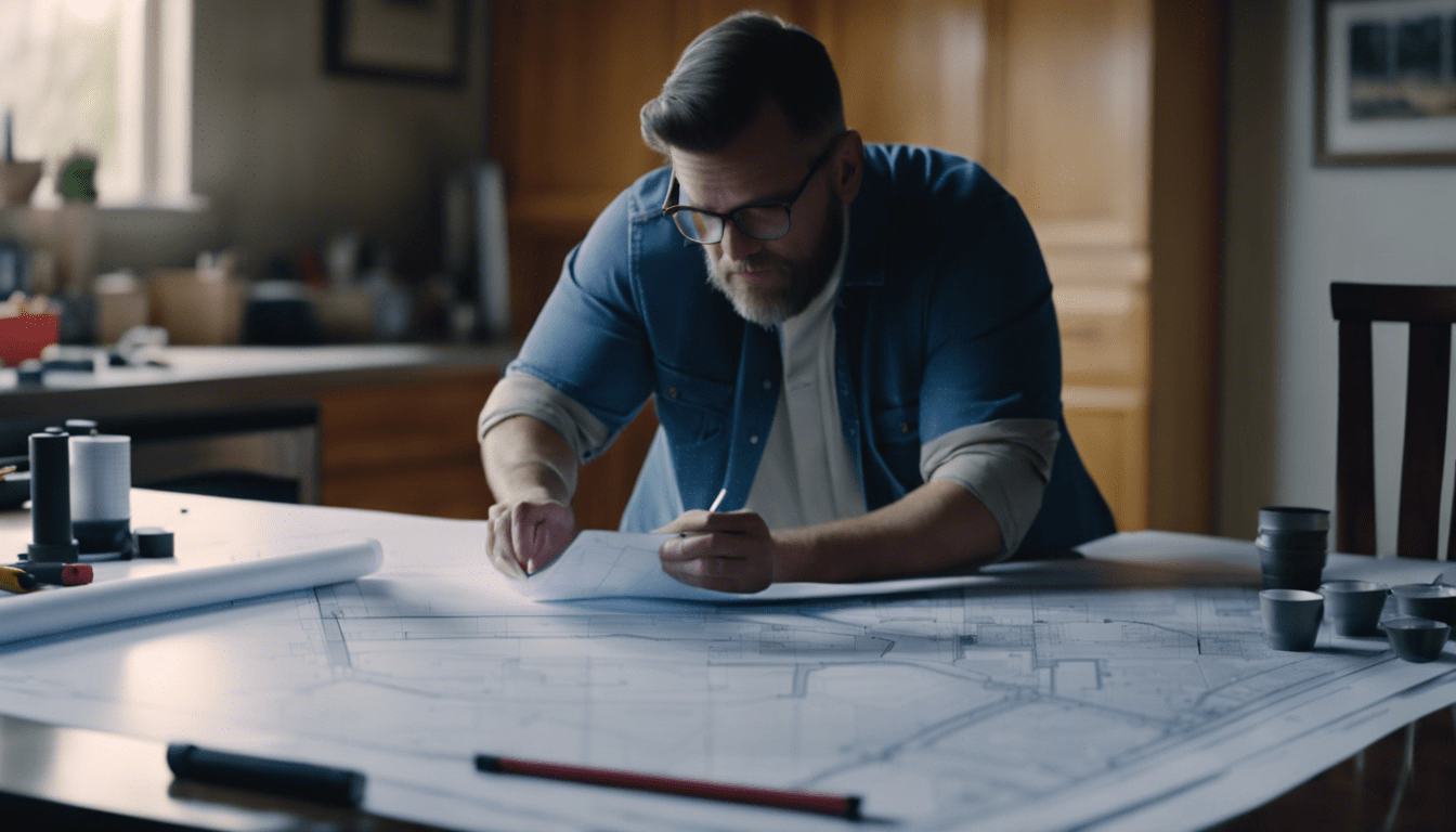 Architect reviewing blueprints for an ADU, with construction tools and zoning maps on a table