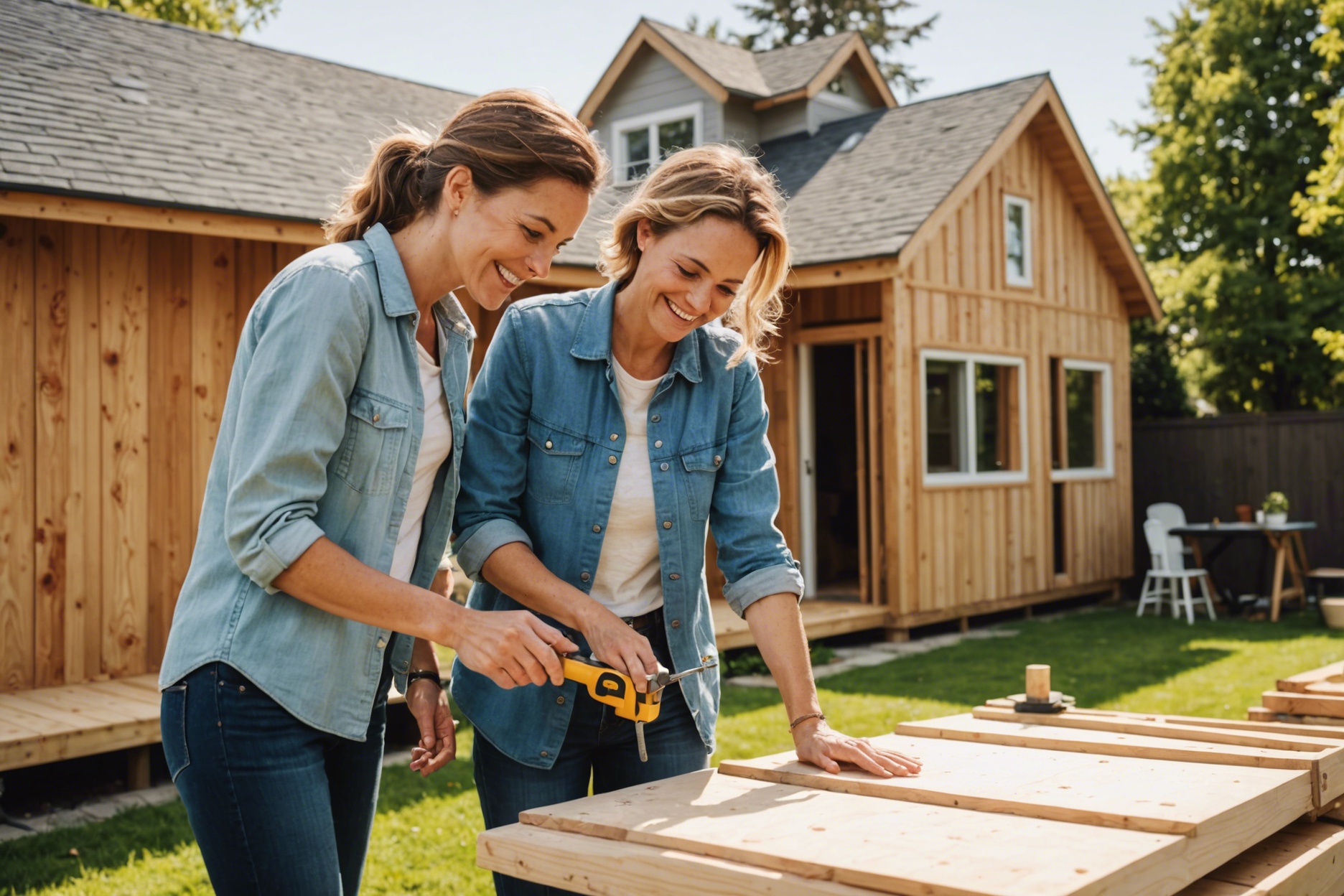 Happy couple constructing wooden ADU in sunny backyard