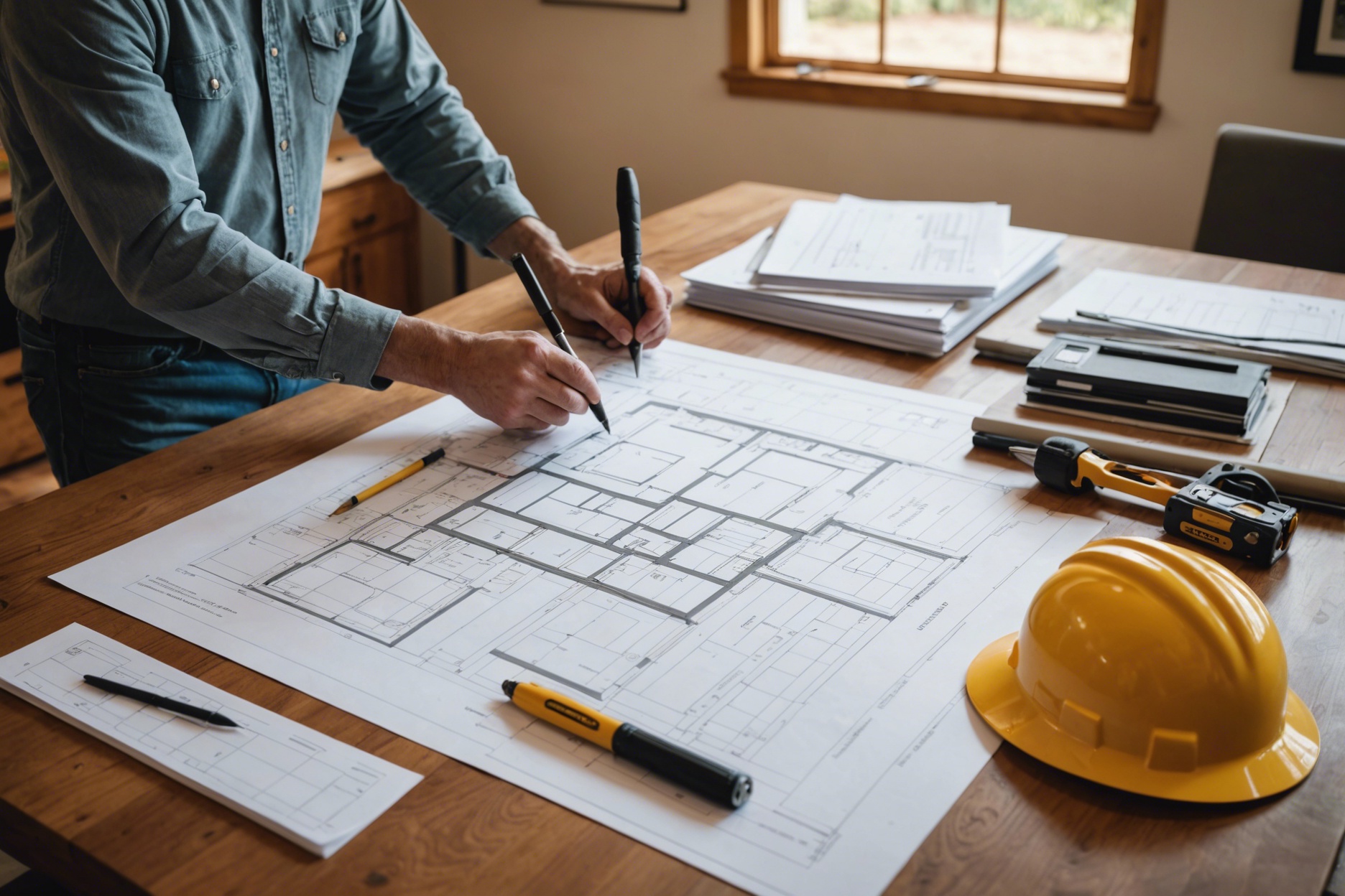 A homeowner in California reviewing architectural plans for a new accessory dwelling unit, with construction tools and documents on a table