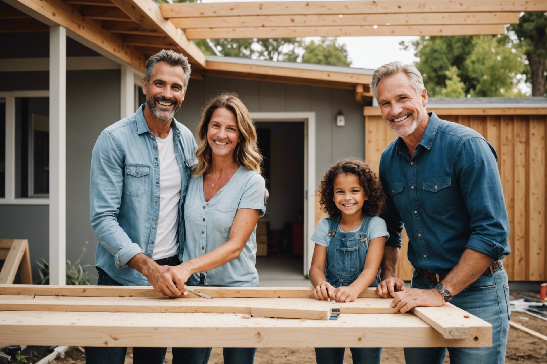 Smiling family constructing modern ADU in sunny California