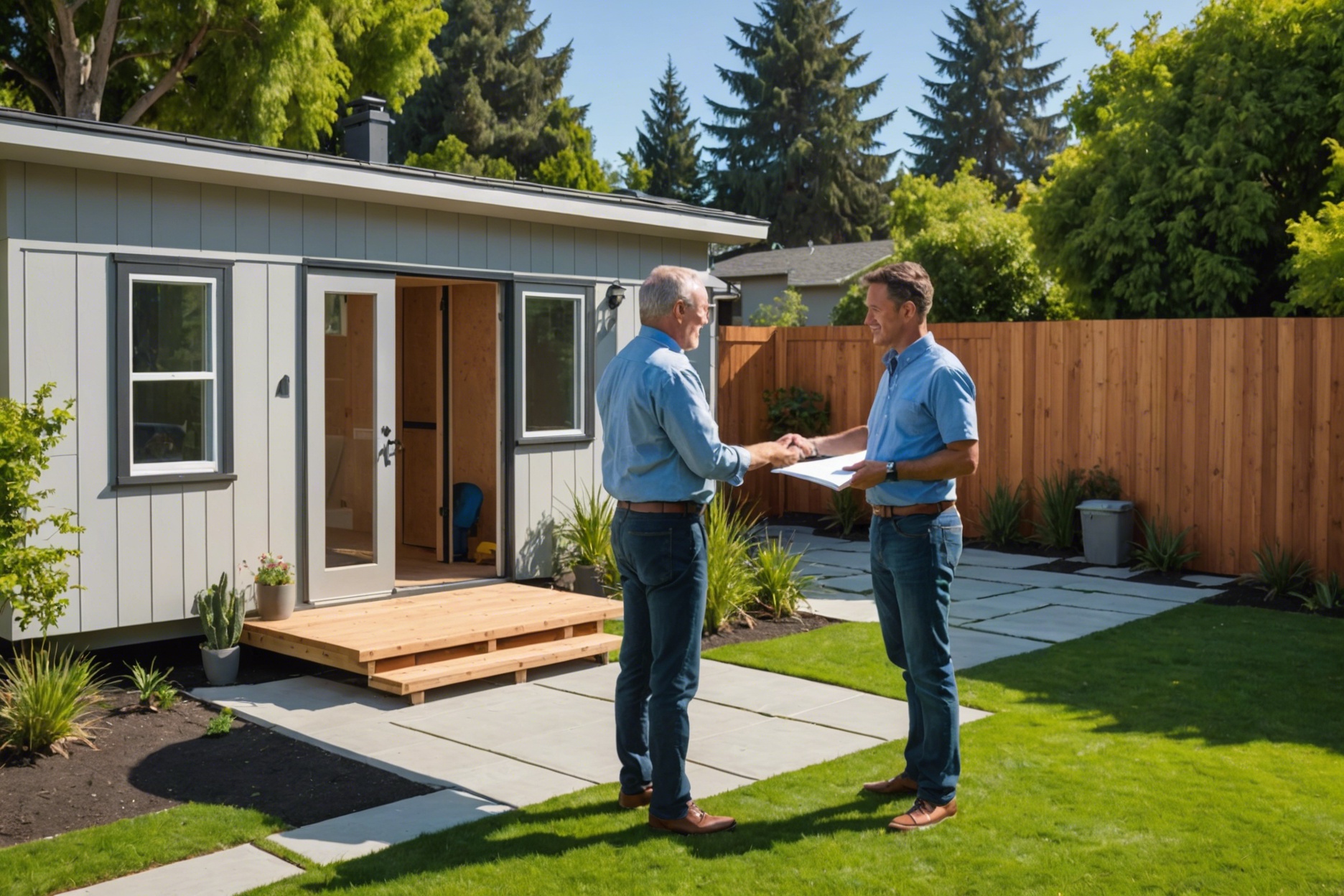 A homeowner discussing ADU construction plans with a contractor in a sunny California backyard, featuring a small, modern Accessory Dwelling Unit