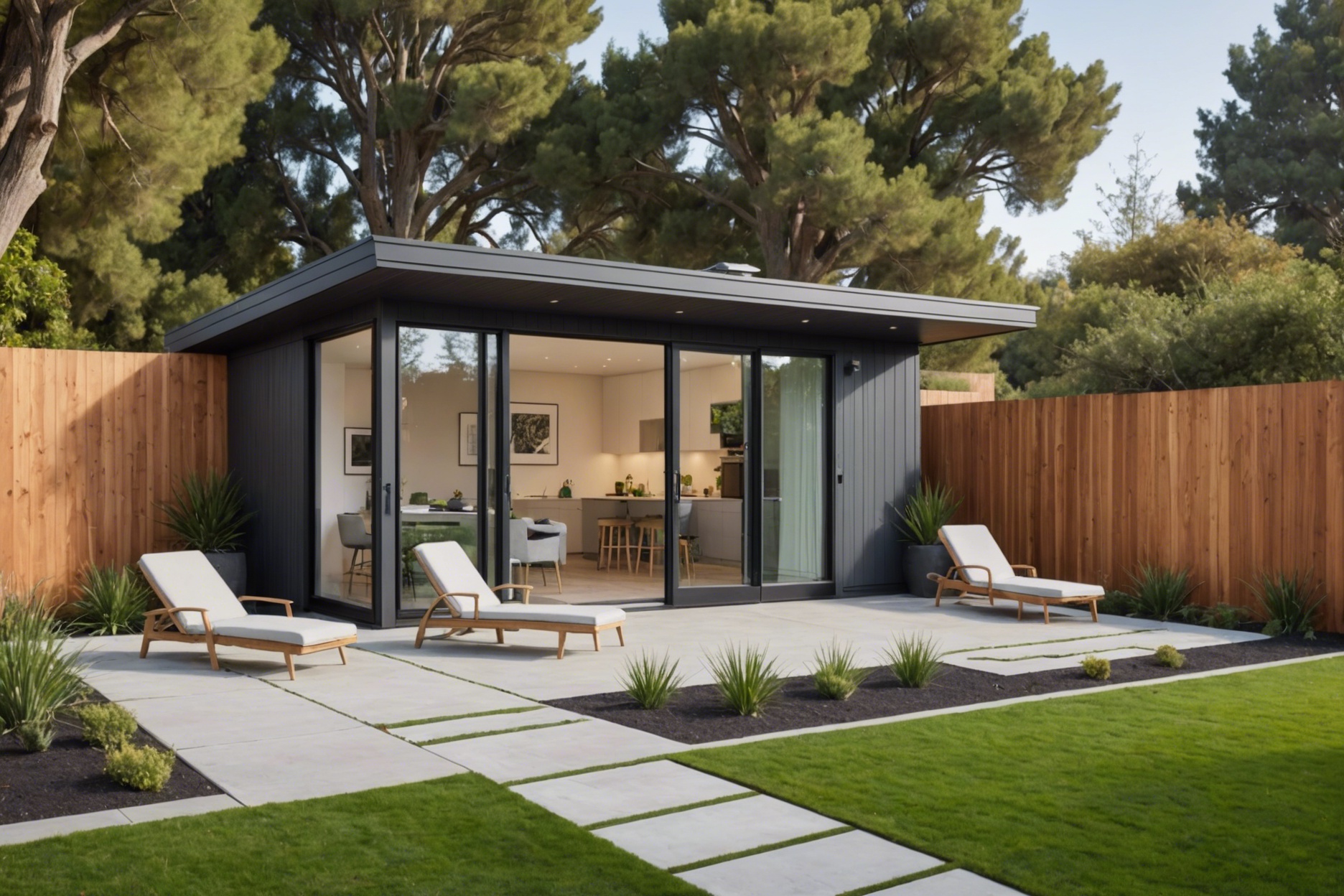 A serene California backyard featuring a small, modern granny flat with an architect planning and measuring the site