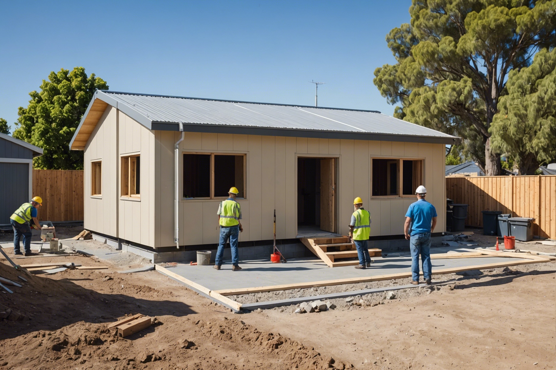 Modern construction site building a small, stylish granny flat with clear blueprints and diverse workers, in a suburban setting