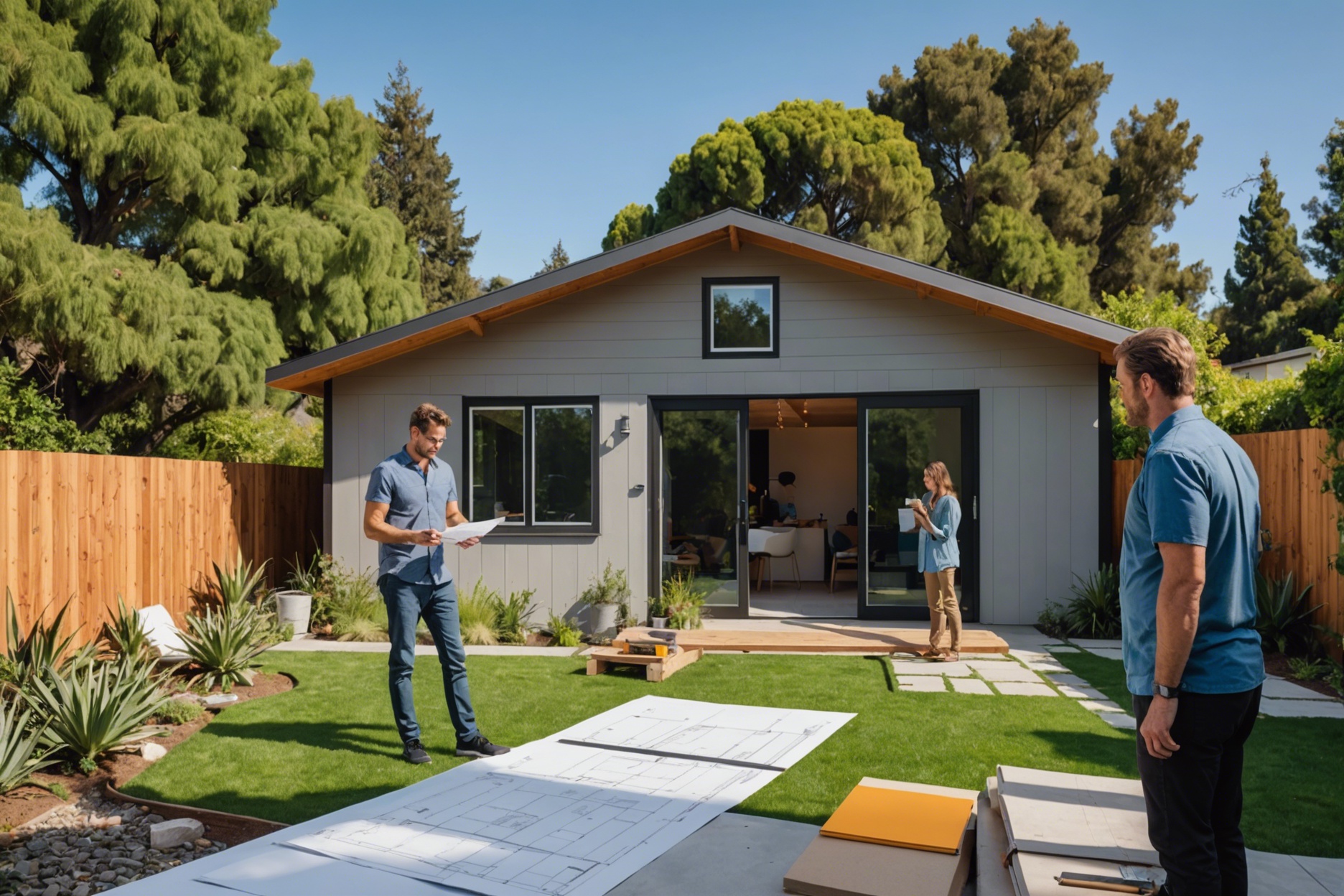 A modern detached ADU in a lush California backyard, with construction materials visible and a family examining architectural blueprints