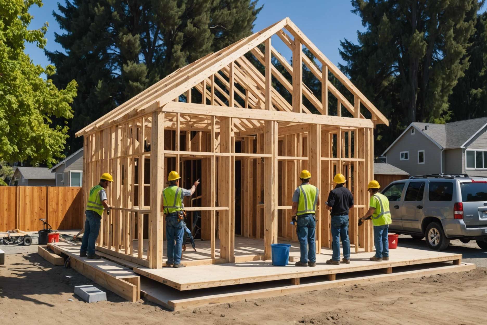 Construction workers building a modern accessory dwelling unit in a suburban California neighborhood, with simplified structures and no visible owner occupancy restrictions