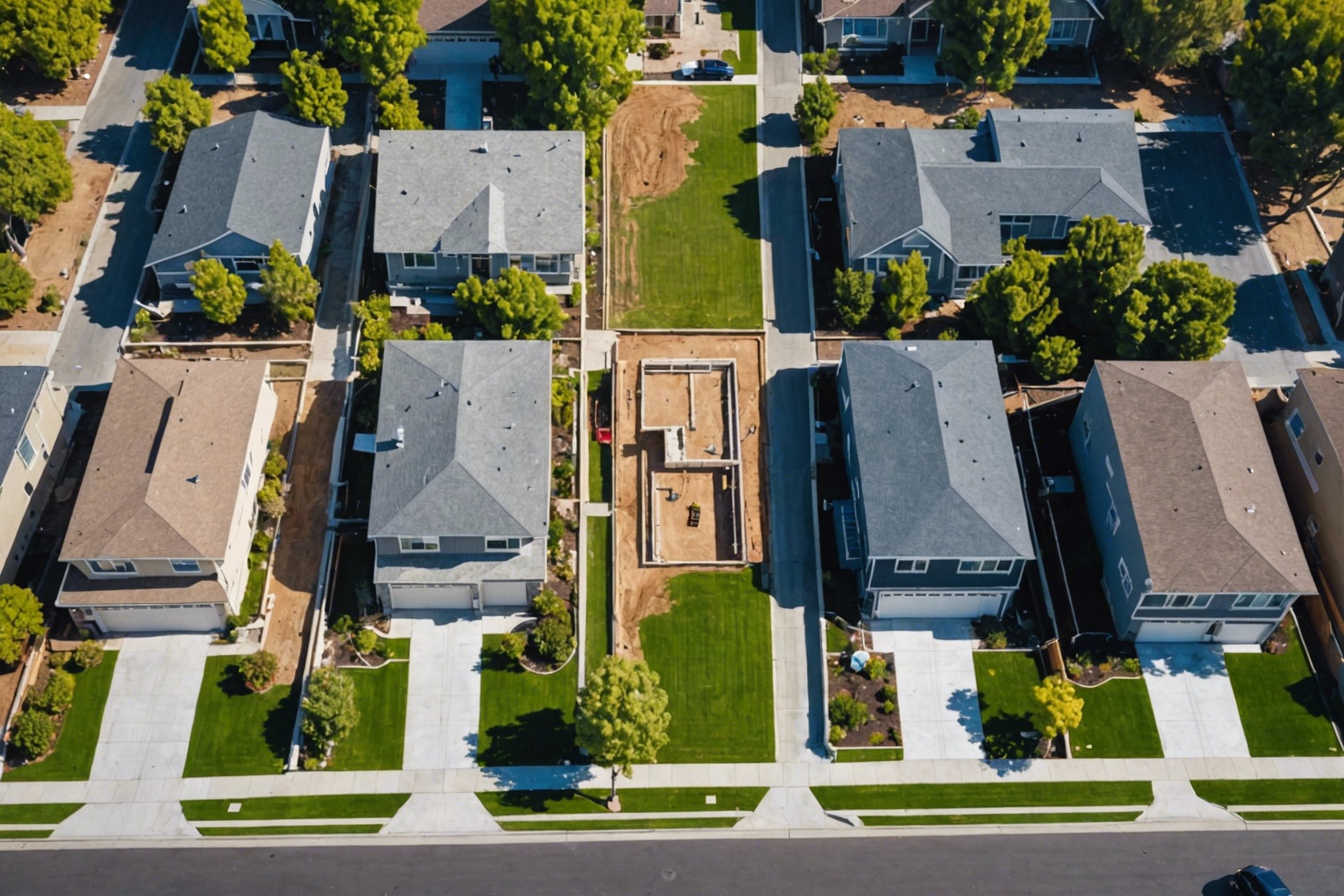 Aerial view of a suburban California neighborhood showing a split lot with four modern homes under construction, surrounded by existing single-family homes