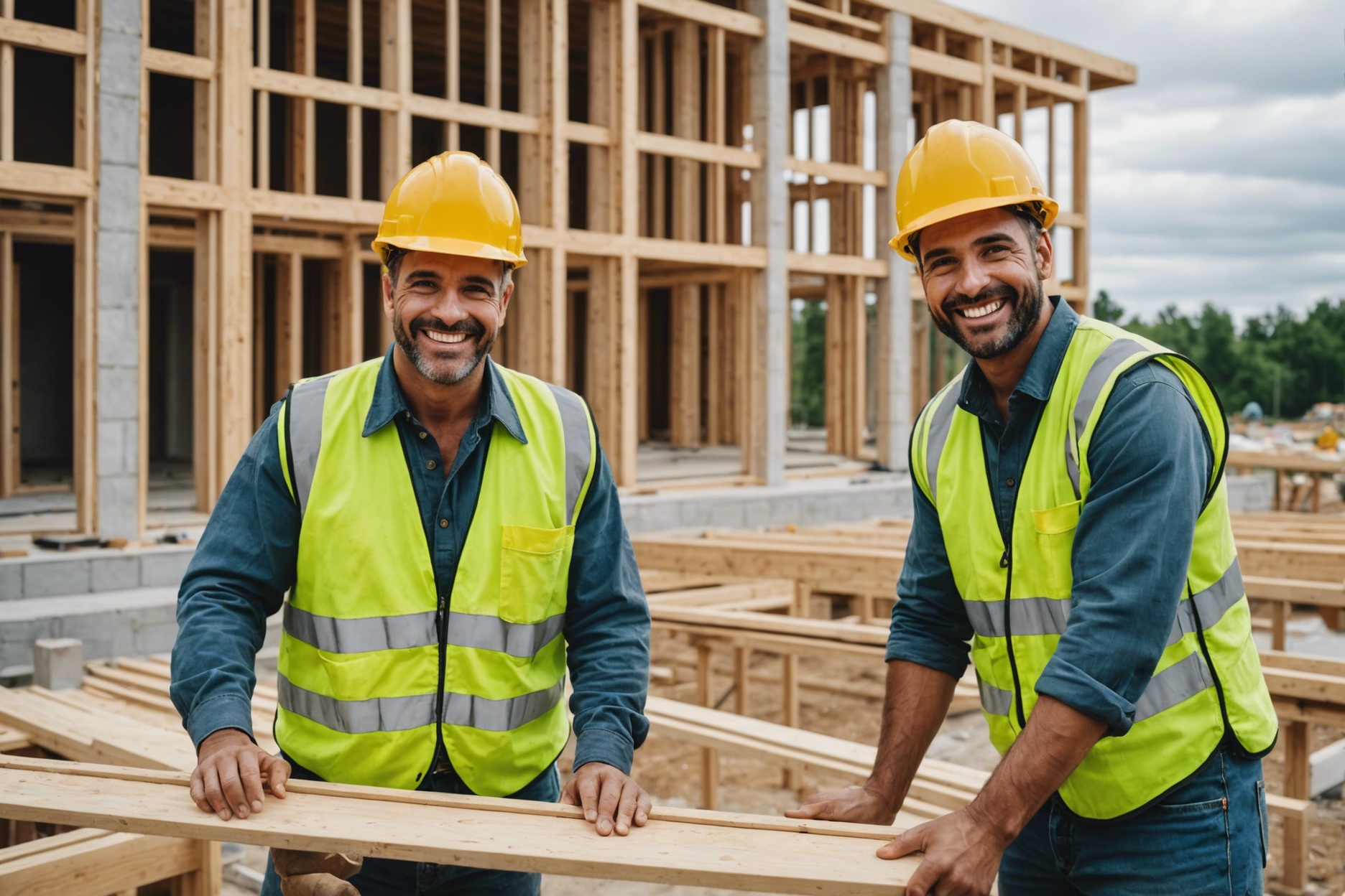 Construction workers building modern residential homes, smiling