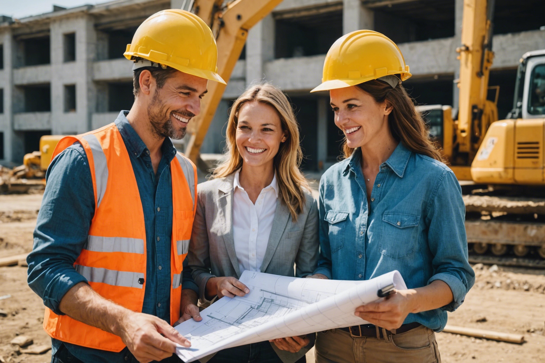 Smiling couple discussing blueprints on construction site