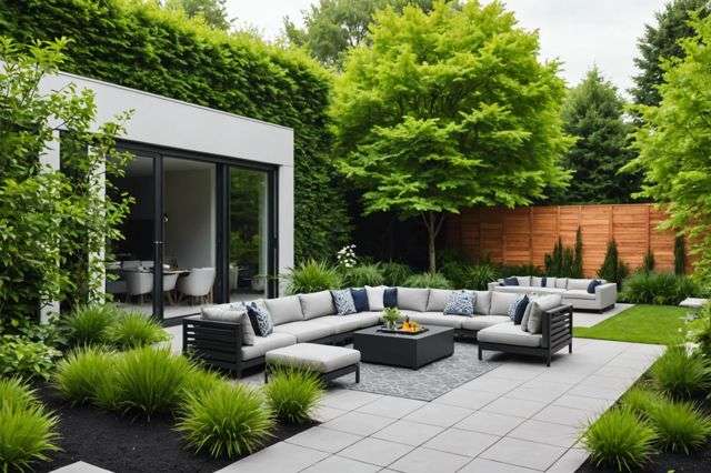 Modern backyard design, lush greenery, patio furniture