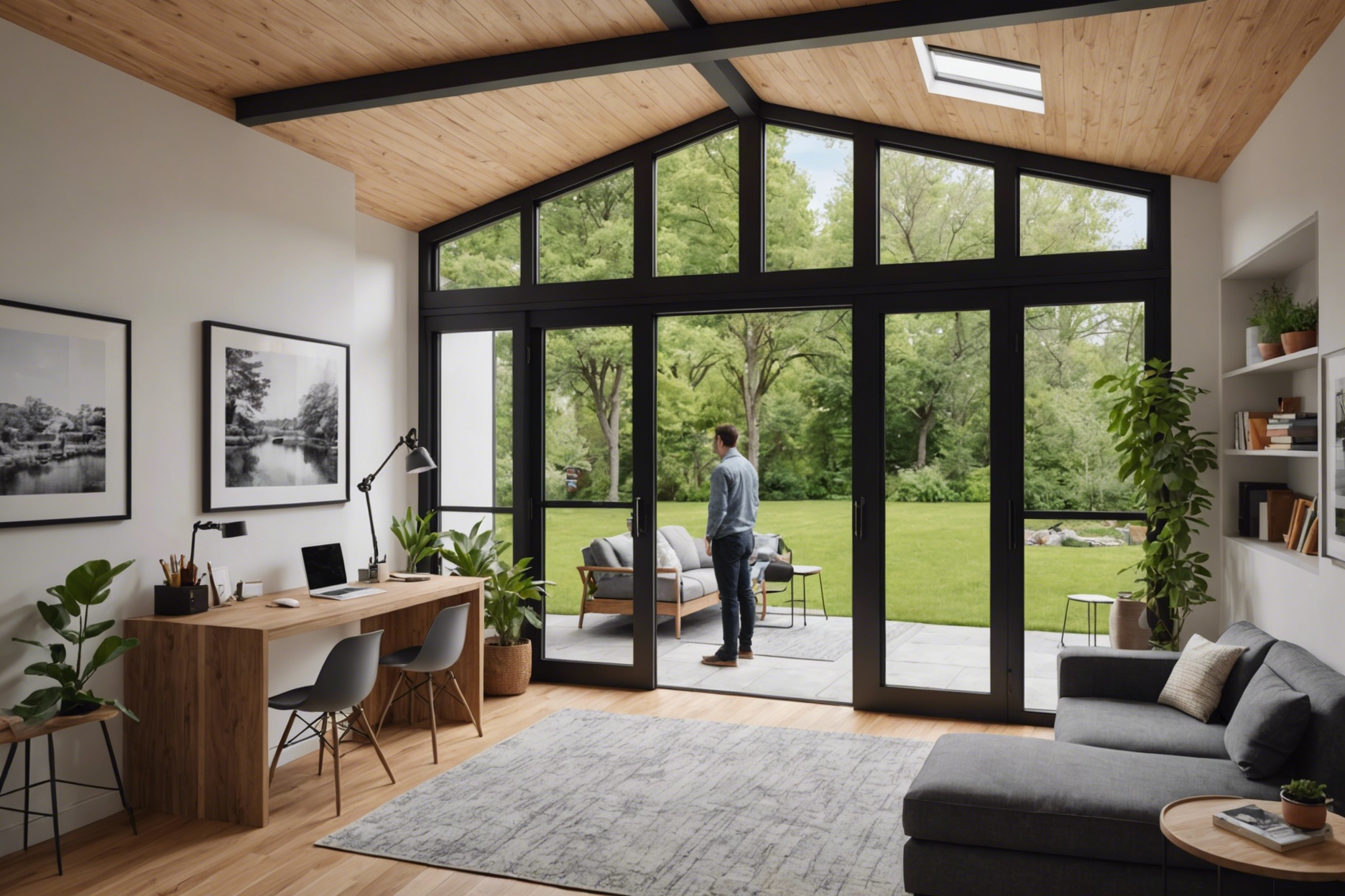 Architect designing a compact and stylish Accessory Dwelling Unit (ADU), featuring an open floor plan, large windows for natural light, and accessibility features like wider doorways