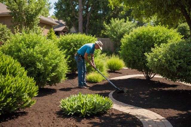 A drought-resistant garden with thick mulch around plants, a simple irrigation system, and a person pruning a shrub under the warm sun