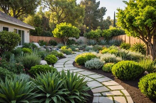 A lush, drought-resistant garden in Encino with diverse plants thriving under the sun, mulched soil, and minimal watering equipment